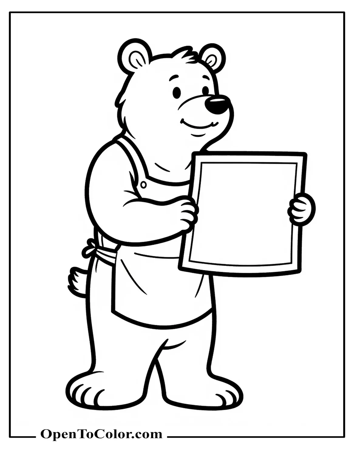 Coloring Page PDF of Large Outlined Bear Wearing an Artist Apron Holding a Blank Paper Sheet
