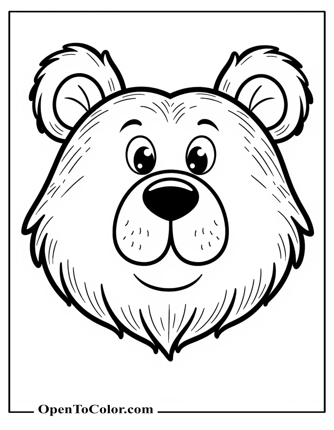 Close-up bear face coloring sheet with expressive eyes and textured fur in PDF format.