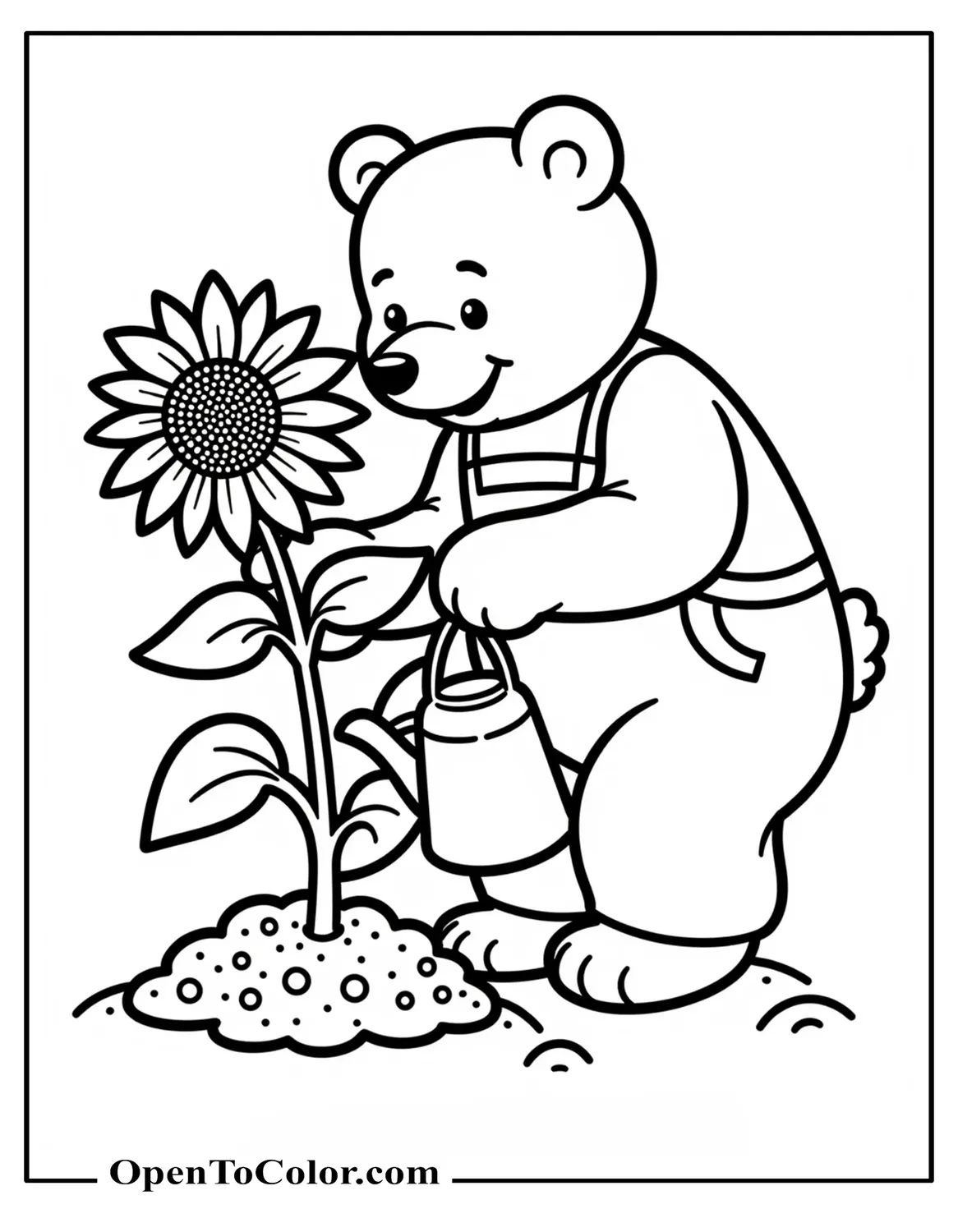 Coloring Page PDF of Friendly Bear Gardener Watering a Sunflower with Raked Soil at Feet