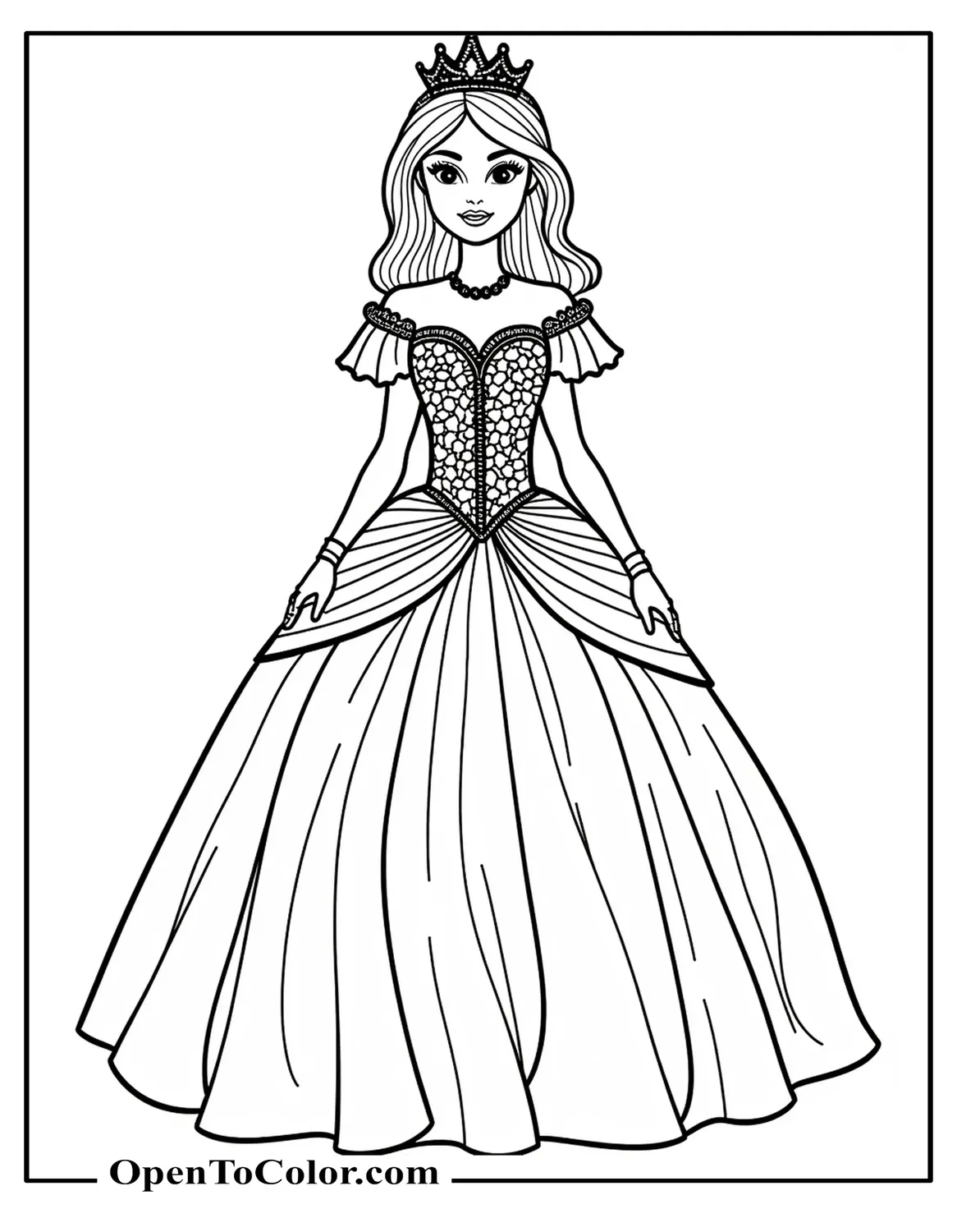 Barbie Princess in a Royal Ballgown with Sparkling Crown and Flowers Coloring Sheet Printable
