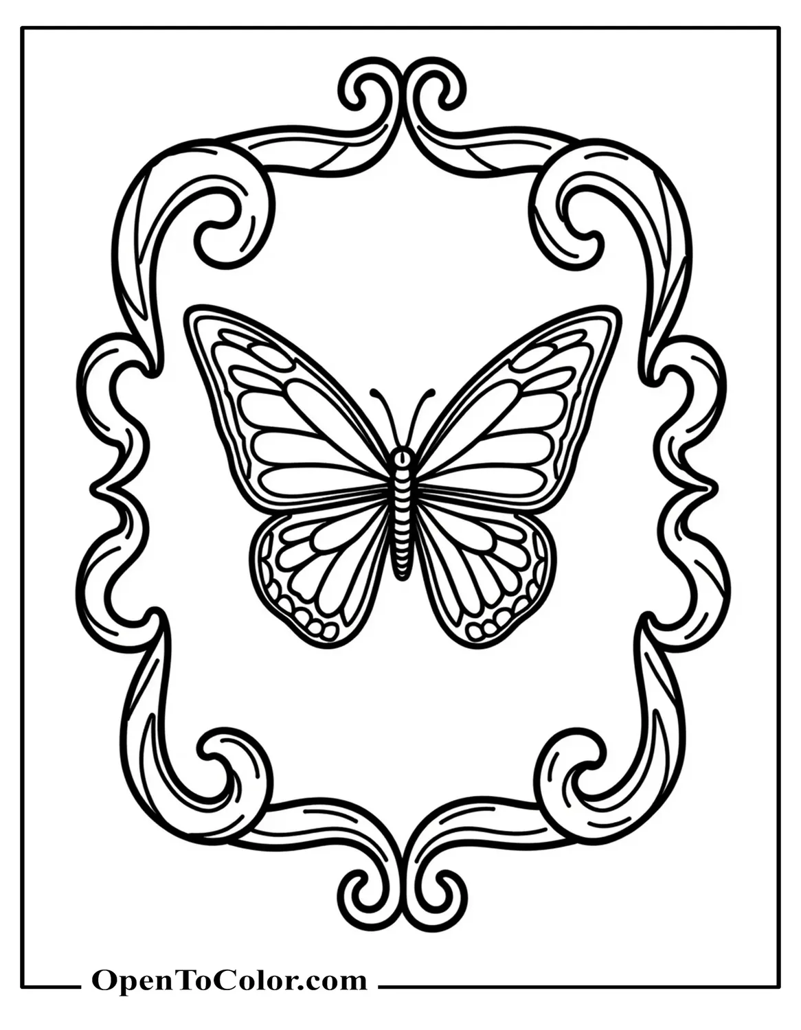 Graceful butterfly coloring sheet framed by flowing ribbon swirls printable.