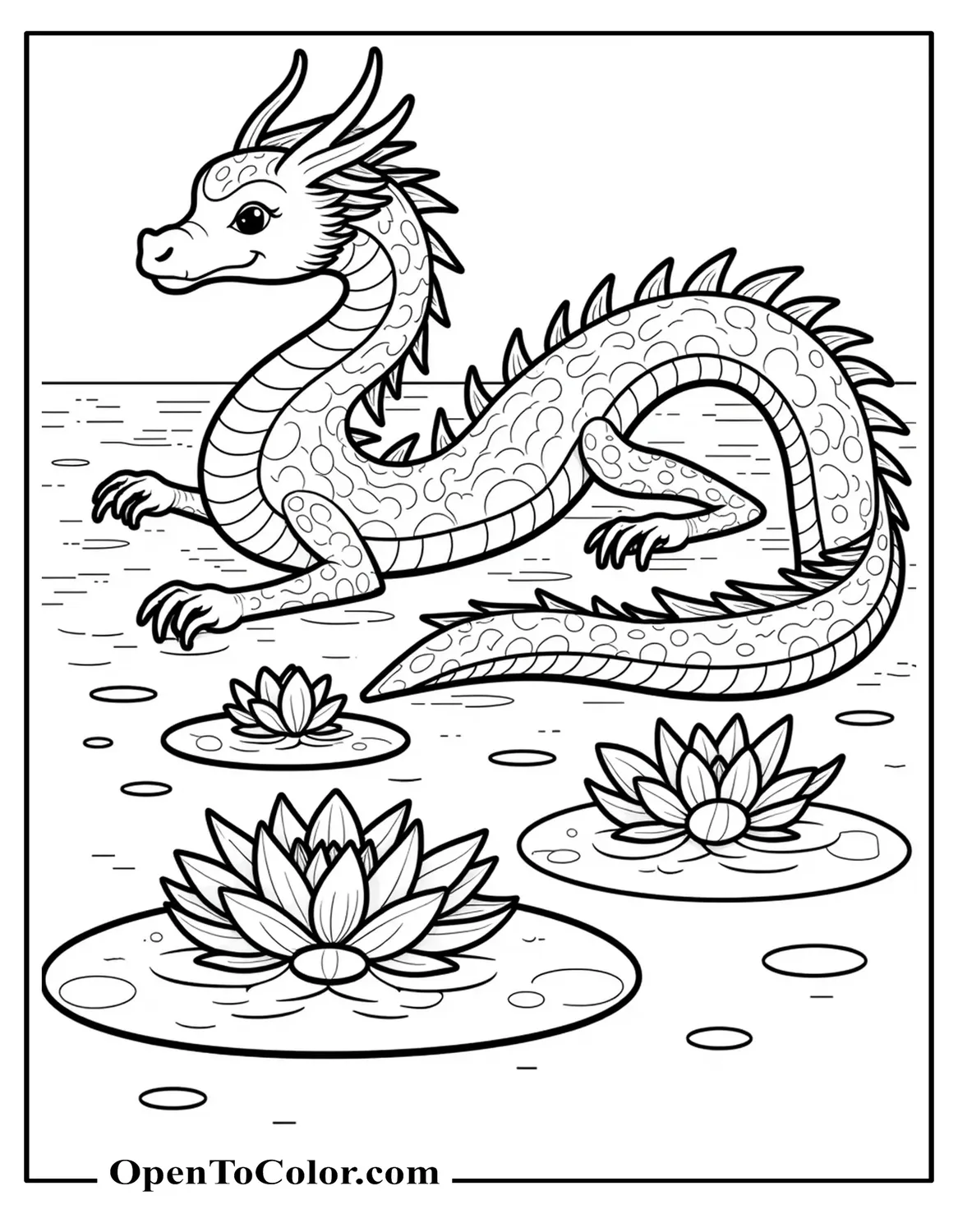 Printable Coloring Page of an Elegant Dragon Gliding Among Floating Water Lilies