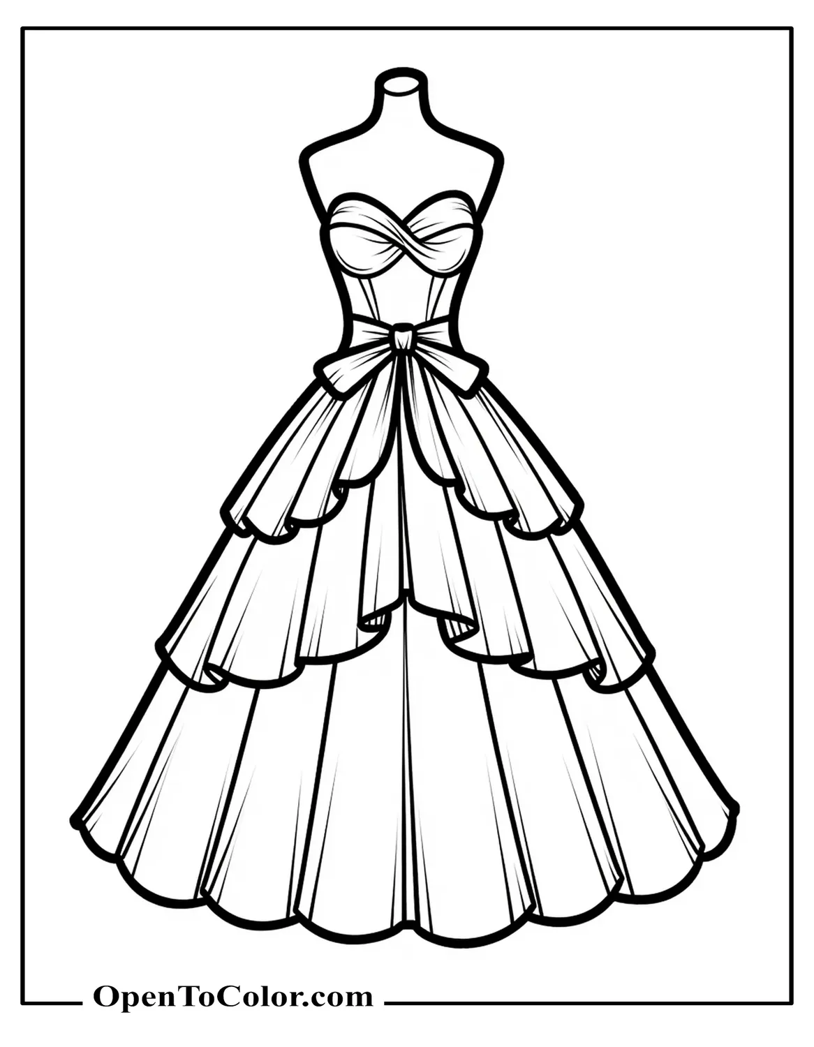 Detailed Ball Gown Coloring Sheet with Layered Skirt and Ribbon Sash on Mannequin, Printable, Bold Outlines