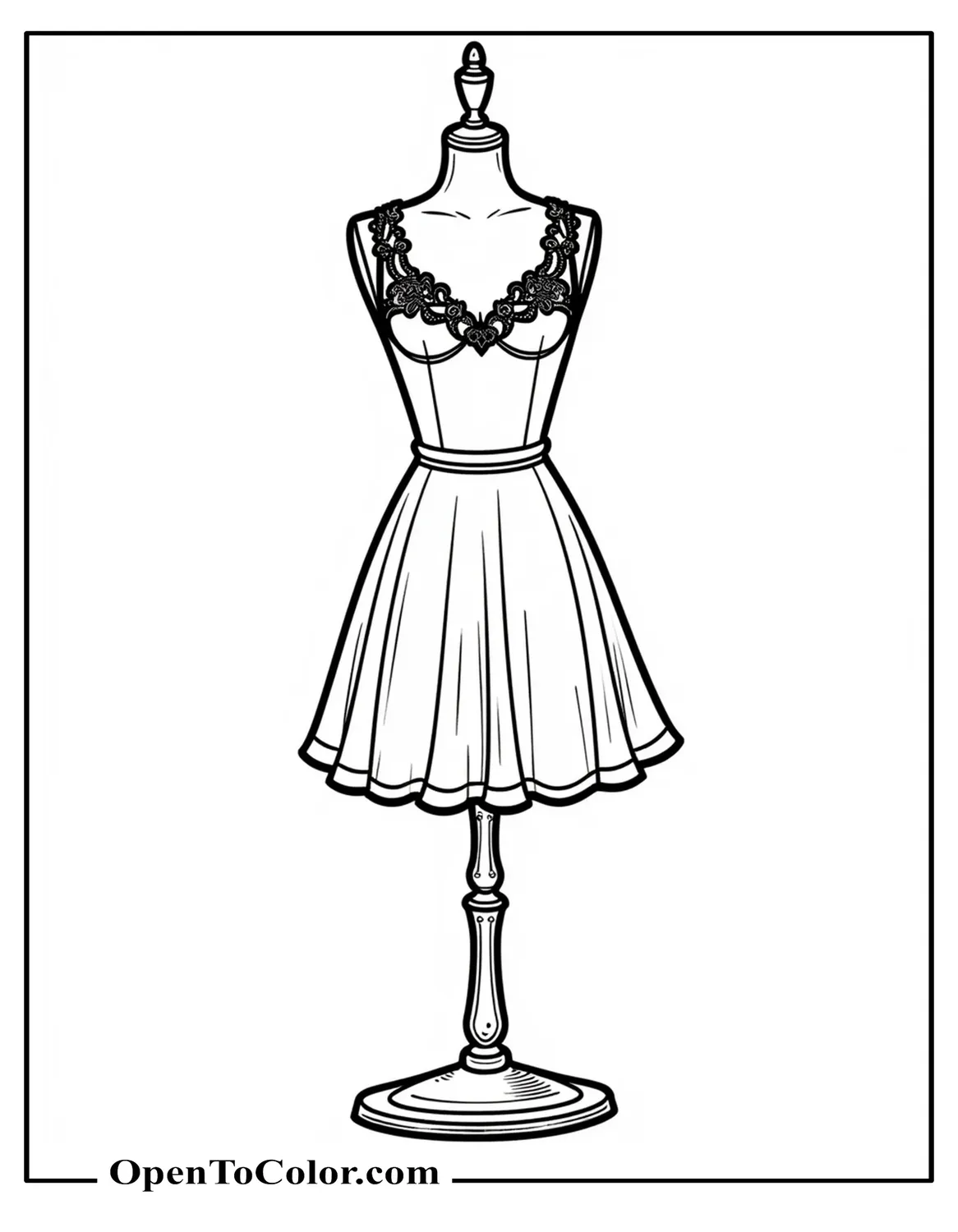 Cocktail Dress With Lace Bodice On Dress Form, Clear Linework Coloring Page PDF