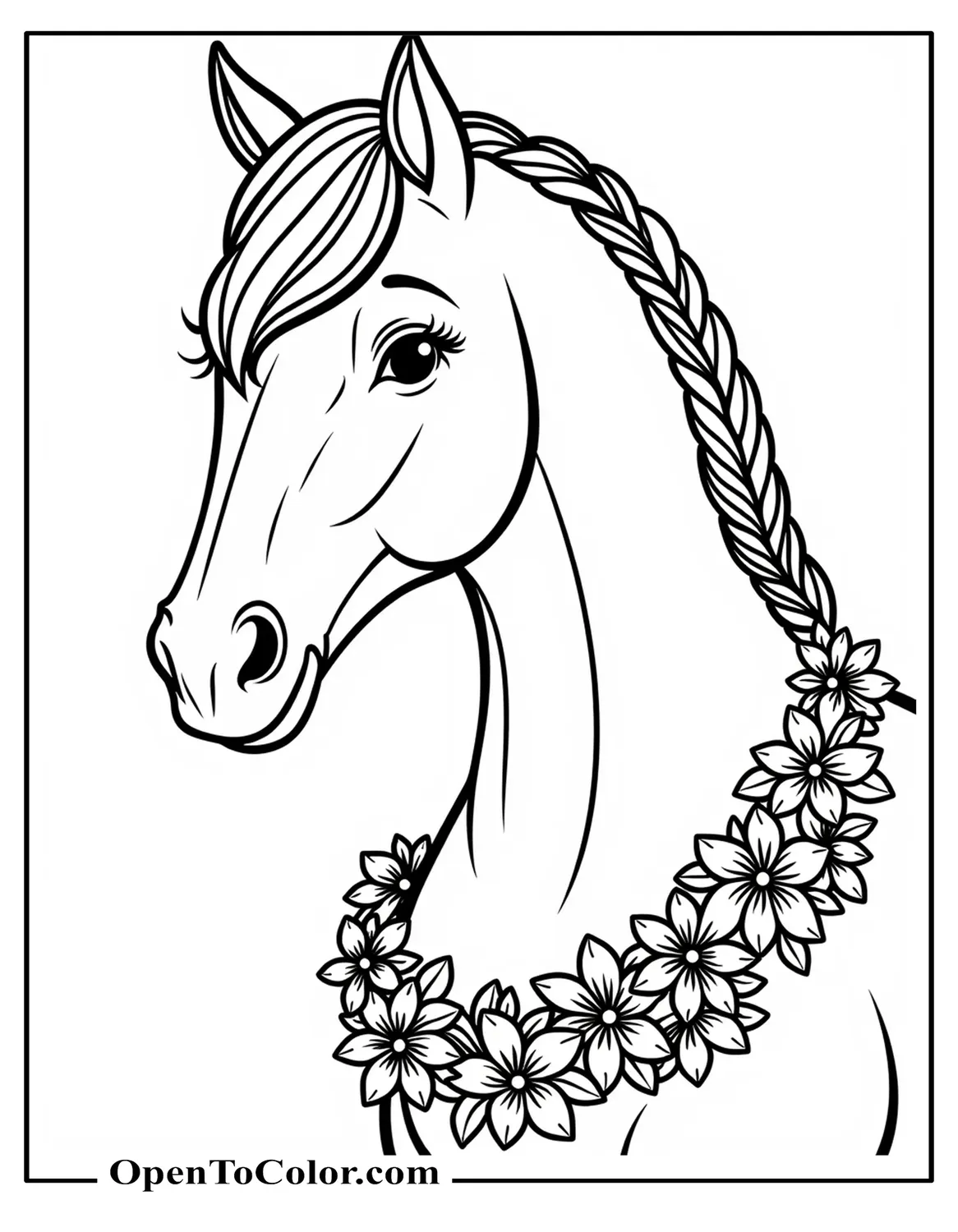 Free Coloring Page of a Beautiful Horse with Braided Mane and Flower Garland