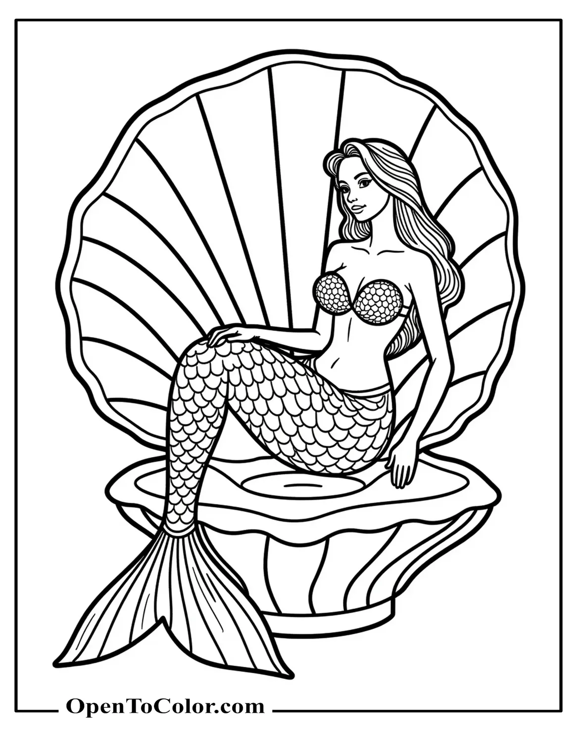 Free Coloring Sheet of a Beautiful Mermaid Reclining on a Seashell Throne