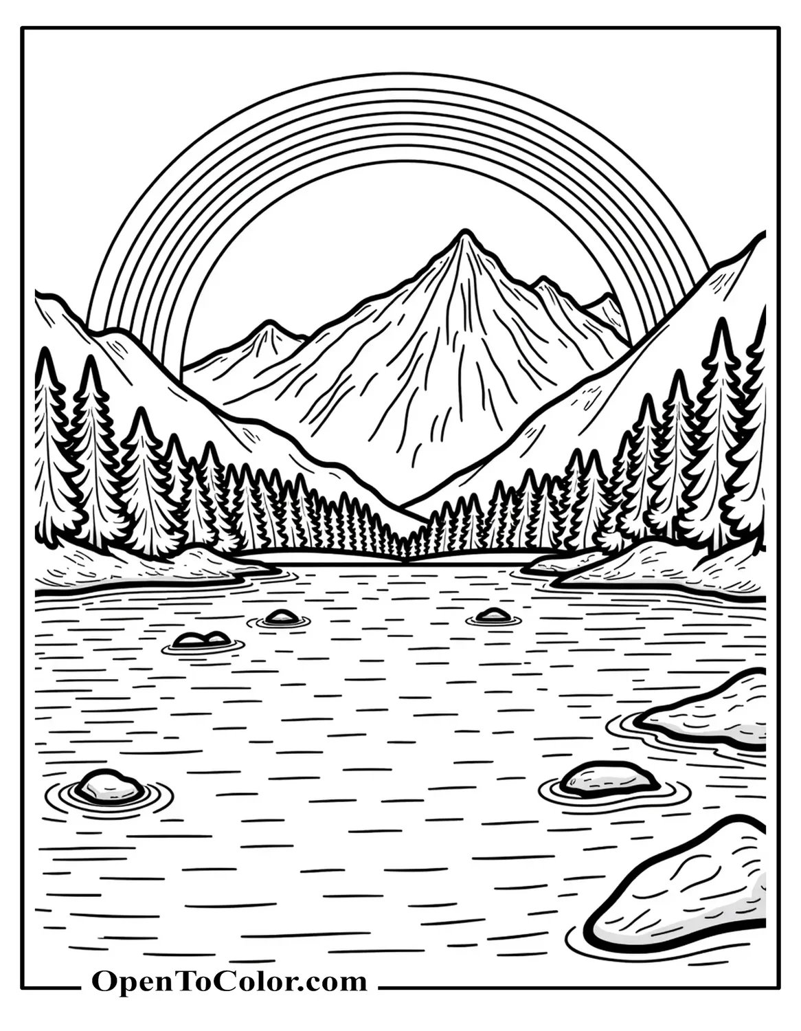 Graceful Rainbow Over Mountain Lake, Coloring Sheet PDF, Pine Trees Lining Shoreline