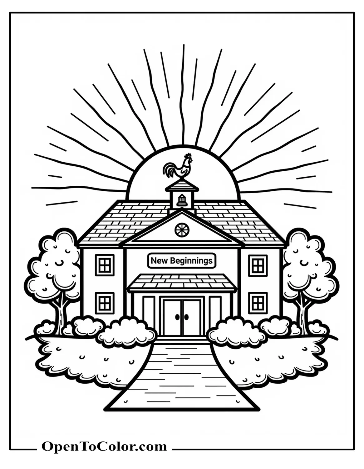 Printable Coloring Page of Sunrise Behind School Roof with Rooster on Bell Tower, Banner New Beginnings, Bold Outline Drawing