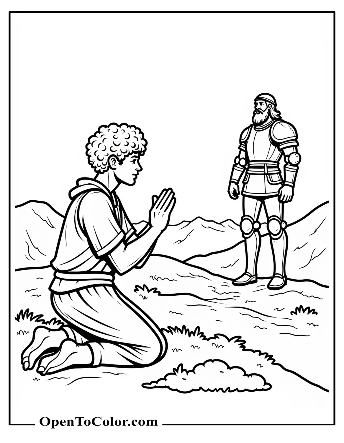 Bible Scene Coloring Sheet: David (Shepherd Pouch, Curly Hair) Kneels In Prayer; Silhouette Of Huge Giant In Armor Shouting From Far Ridge, PDF