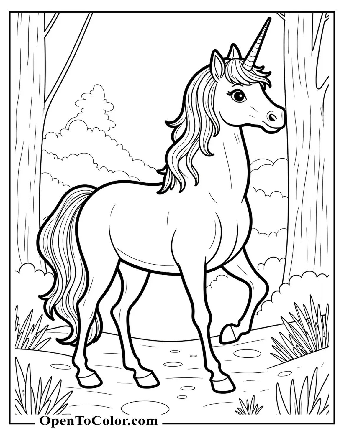 Free Coloring Sheet of a Large Unicorn Walking Forward With Head Up in a Mystical Forest