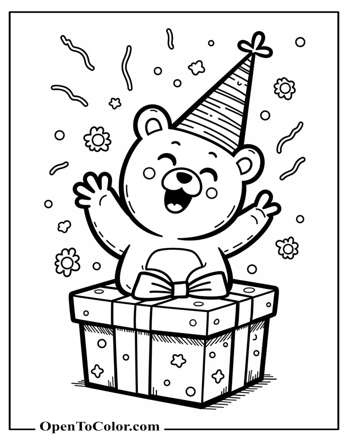 Teddy Bear Wearing Cone Hat Hugging Cupcake On Plate Coloring Page PDF