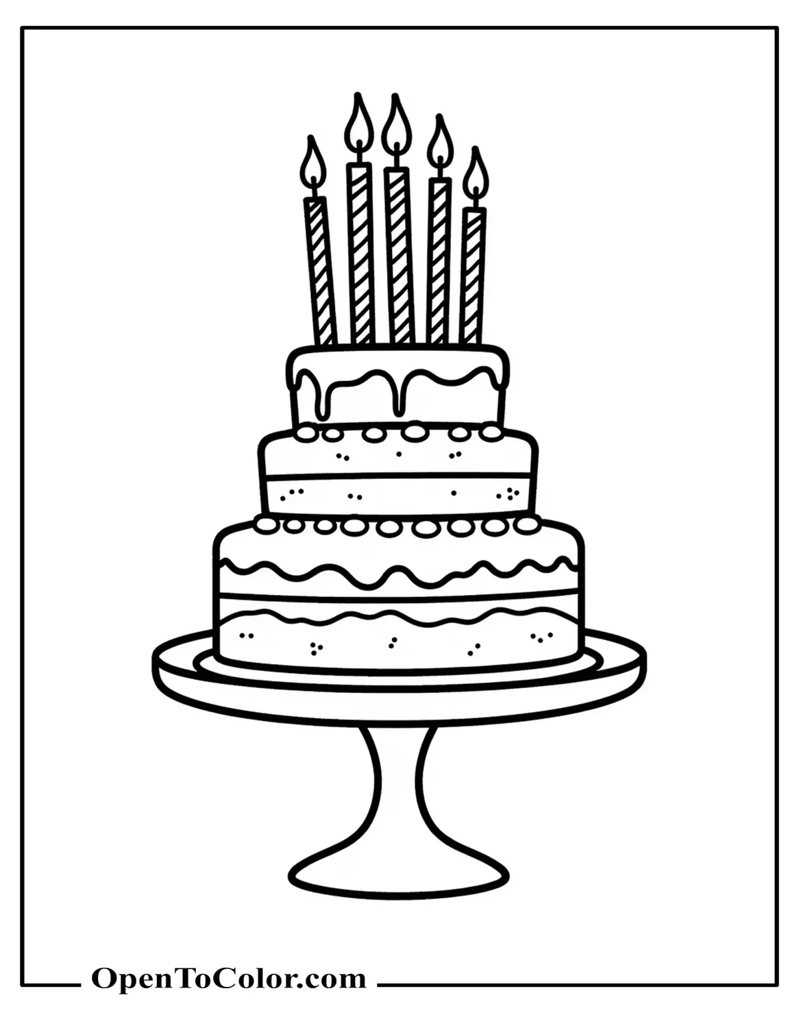 Free Coloring Page of Large Three-Layer Cake on Pedestal with Lit Candles and Dripping Chocolate