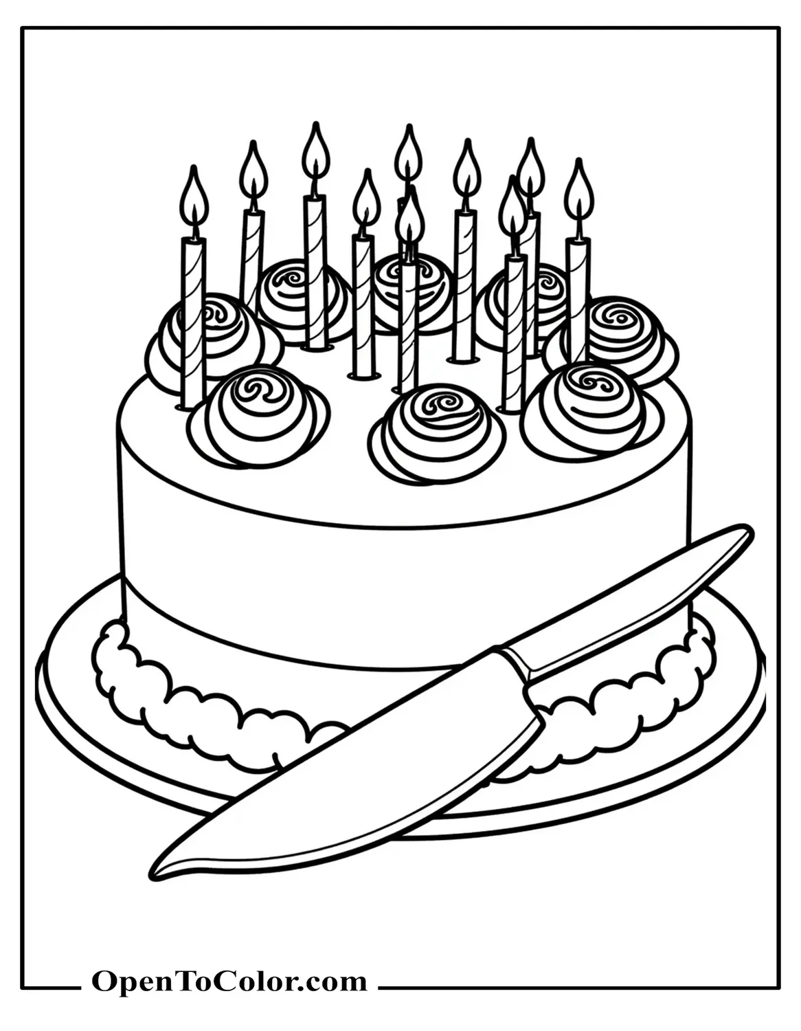 Coloring Sheet Cake With Piped Roses And 10 Candles, Serving Knife Nearby, PDF