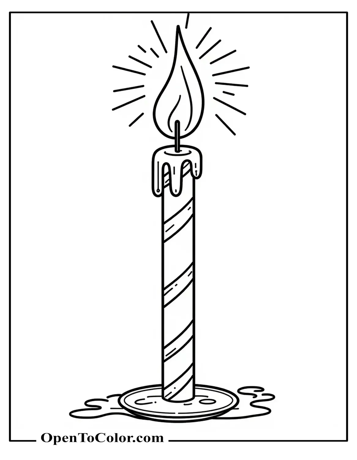 Printable Coloring Page of Tall Striped Candle with Wax Drips and Streamer Sparks
