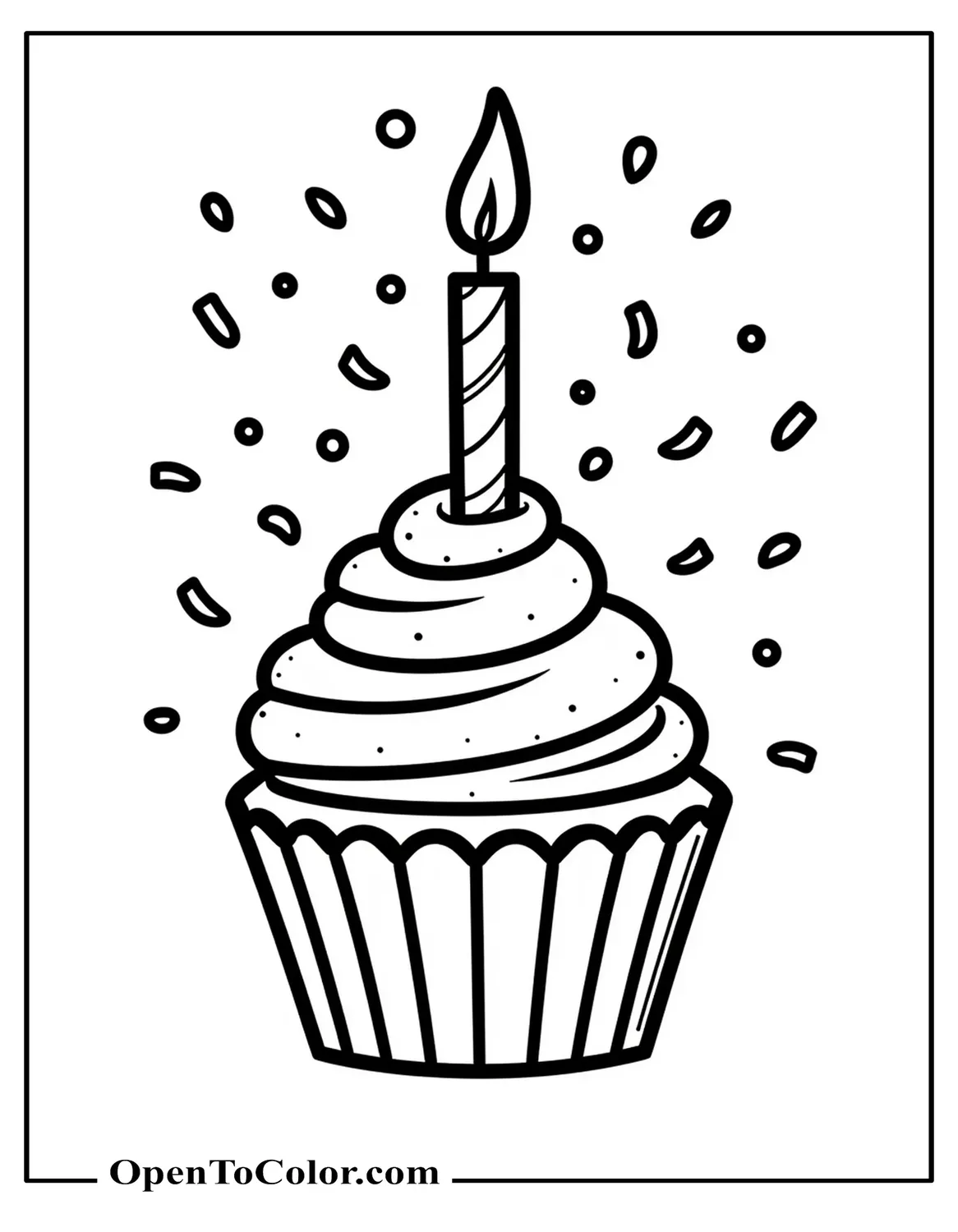 Birthday cupcake with candle, confetti, and streamers swirling around, coloring page PDF.