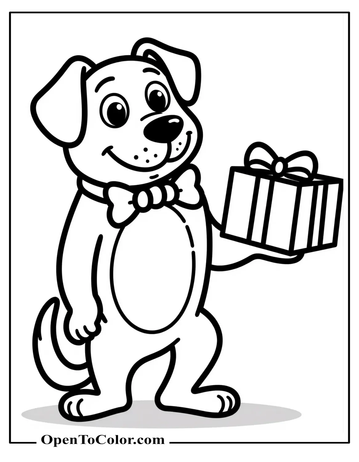 Printable Coloring Page of Dog Wearing a Bone-Shaped Bow Tie Presenting Birthday Present
