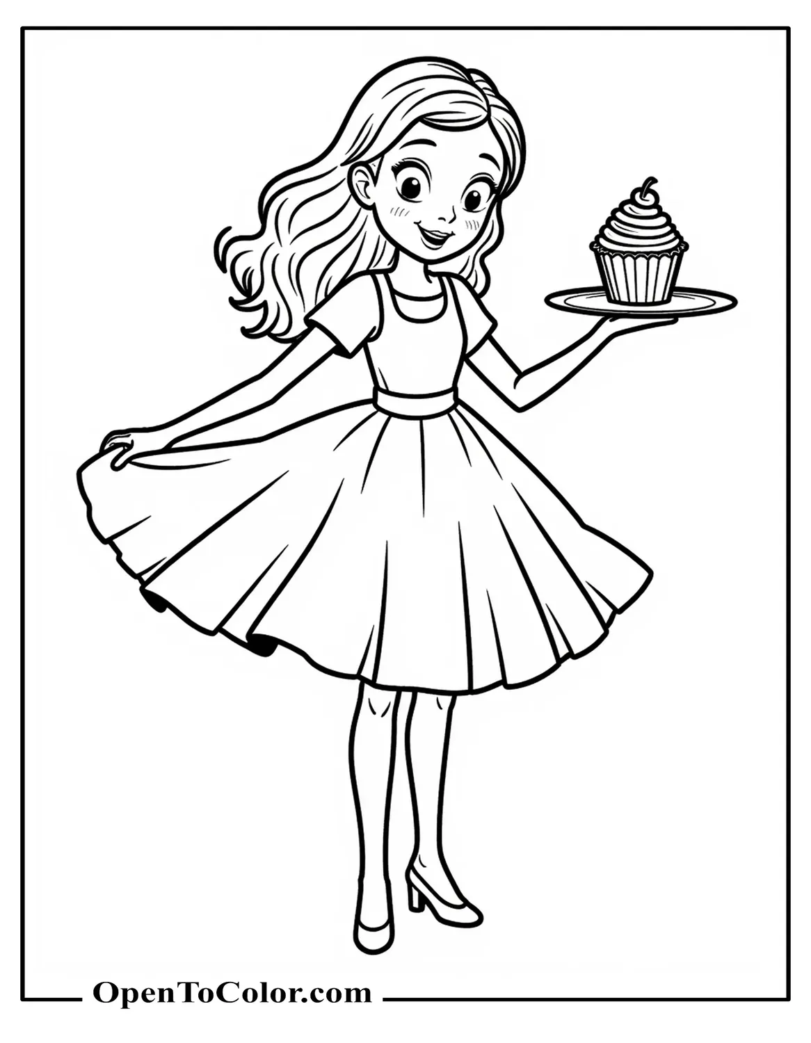 Printable Coloring Sheet of Girl Twirling in Dress Holding Cupcake on Plate