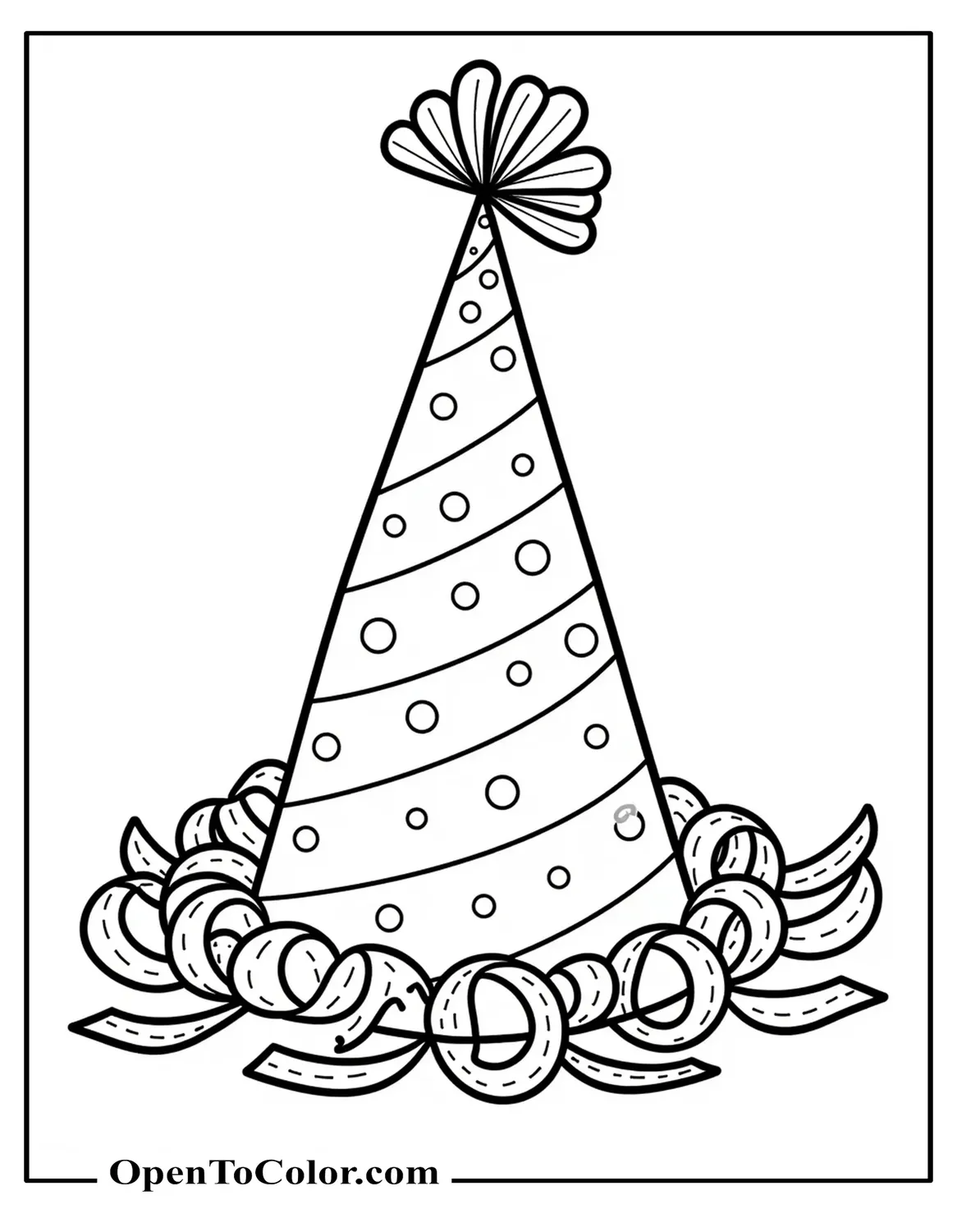 Free Coloring Sheet of a Large Party Hat With Confetti and Curly Ribbons Around Base