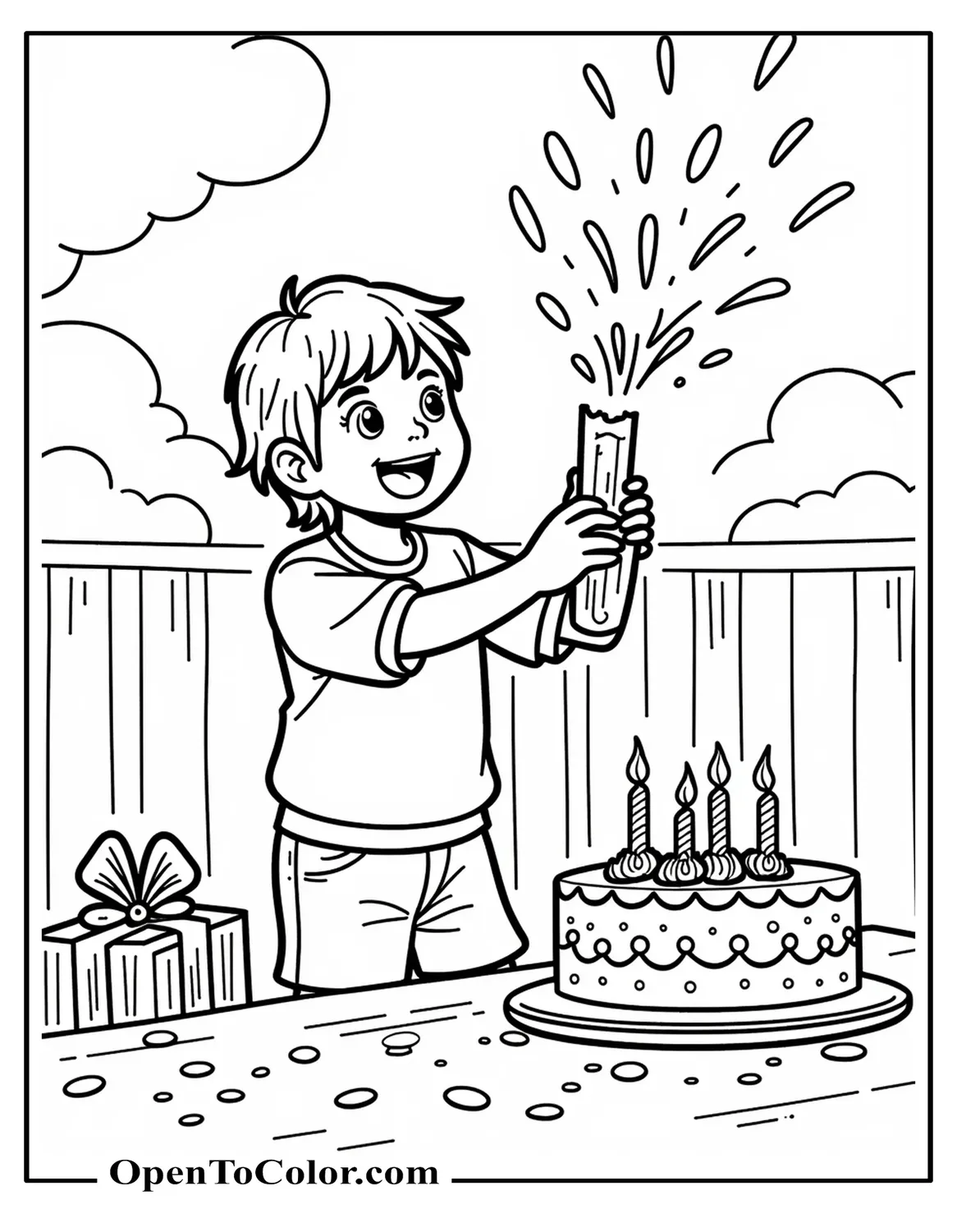 Free Coloring Page: Child Bursting Confetti Popper at Backyard Table with Cake and Gifts