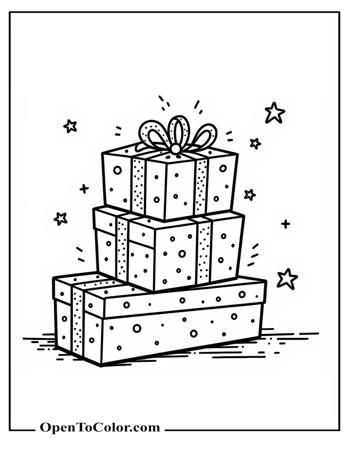 Free Coloring Sheet of a Stack of Wrapped Presents with Curly Ribbons and Small Stars