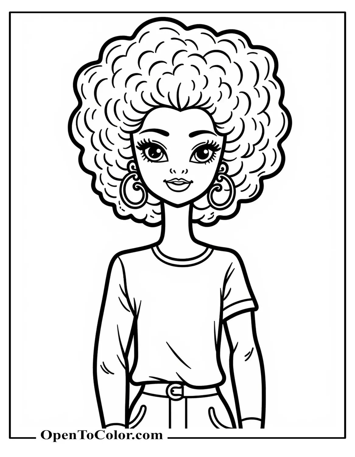 Printable Coloring Sheet of Black Barbie with Afro Hairstyle and Earrings