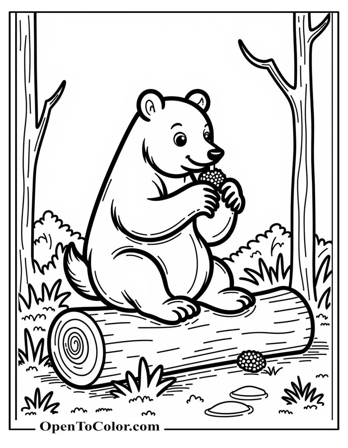 Free Coloring Page of a Realistic Black Bear Sitting on a Fallen Log Sniffing Wild Berries