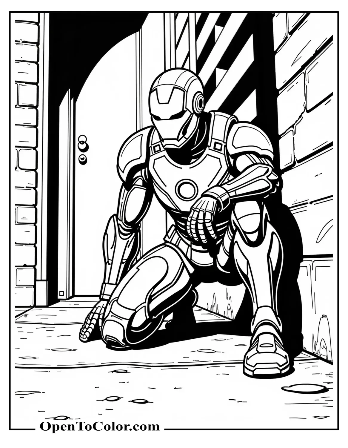 Stealth-Armor Iron Man Crouched in Shadowed Alley Setting Coloring Page PDF