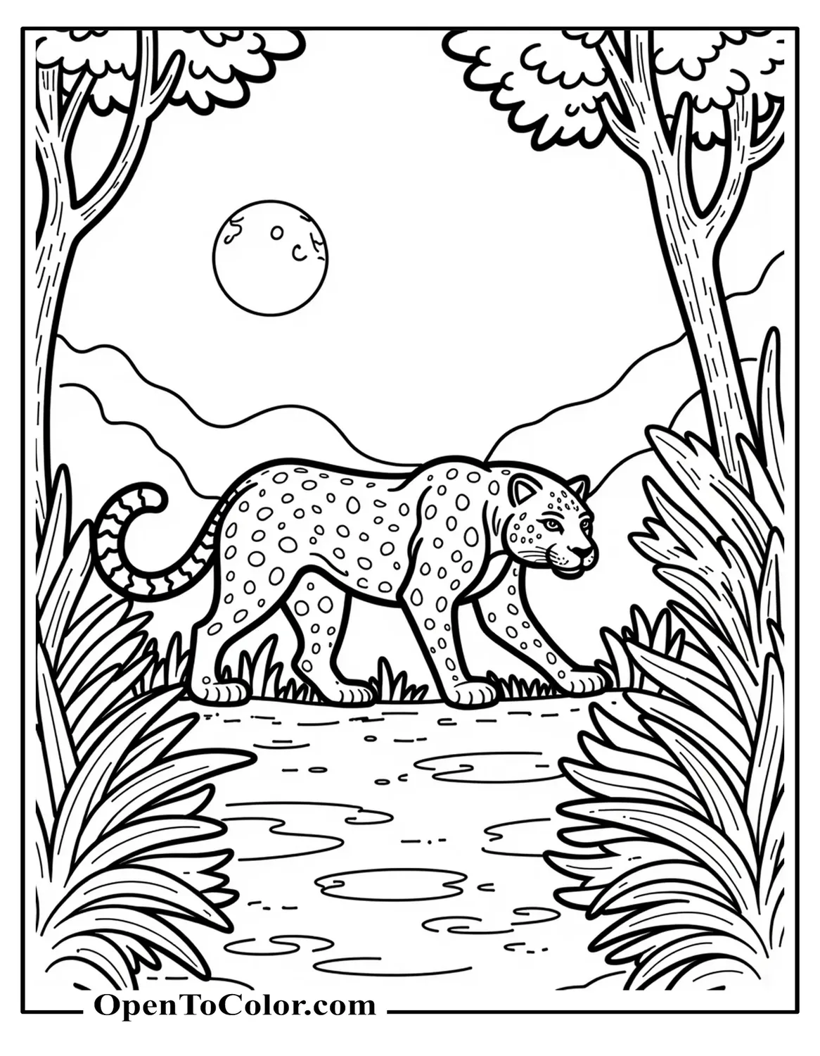 Printable Coloring Page of a Black Jaguar Stalking Through a Moonlit Jungle Clearing