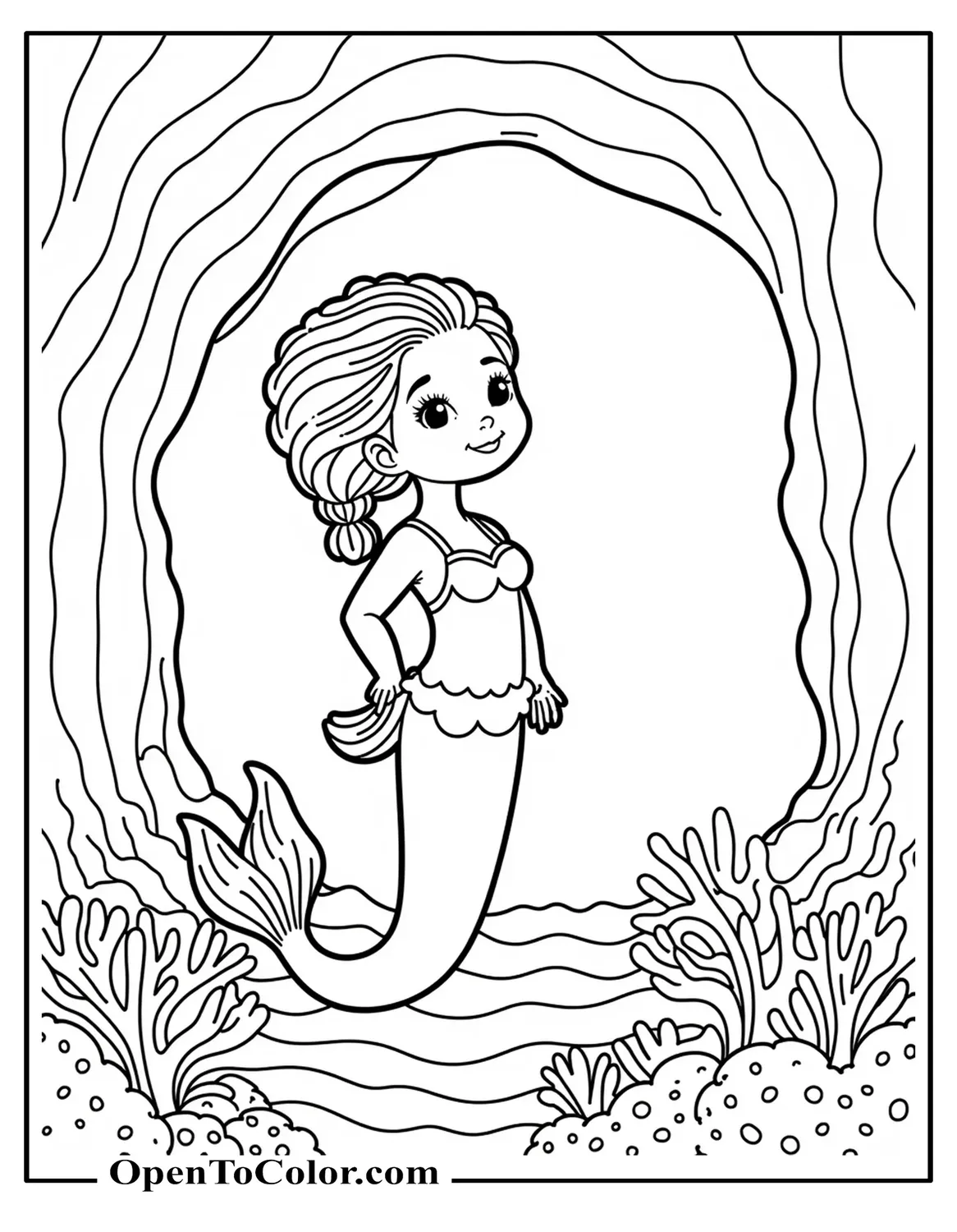 Free Coloring Page of Little Afro-American Mermaid with Braids Exploring a Coral Cave