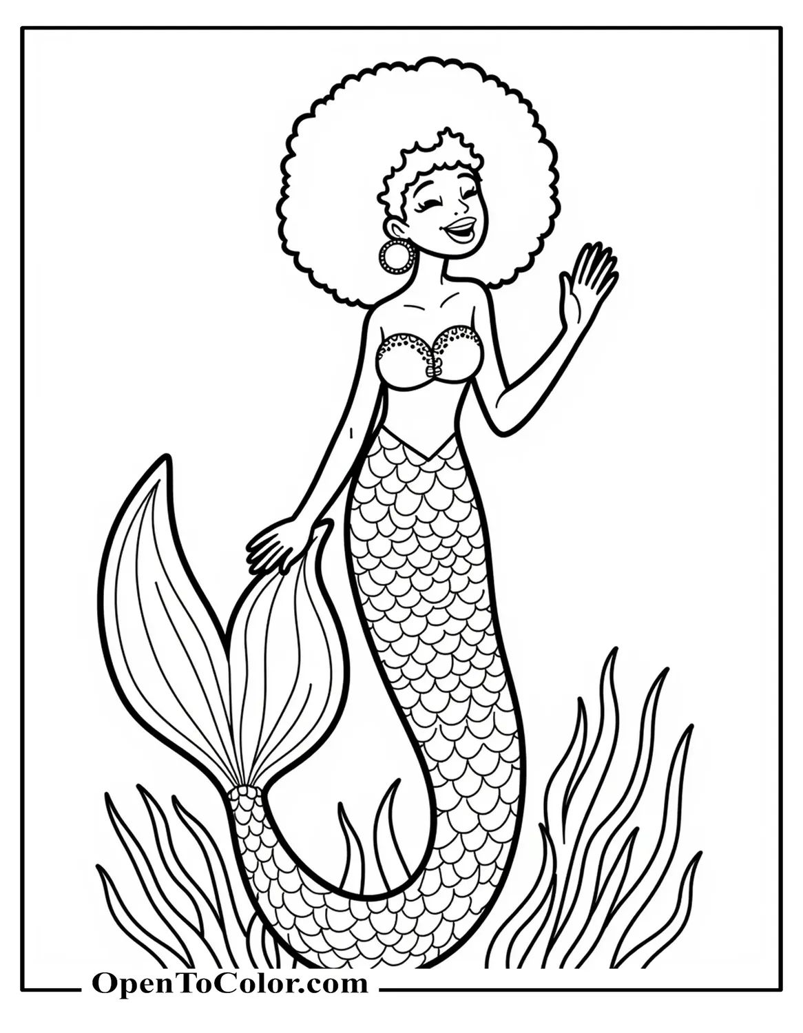 Mermaid with Afro hairstyle singing above sea grass coloring page PDF