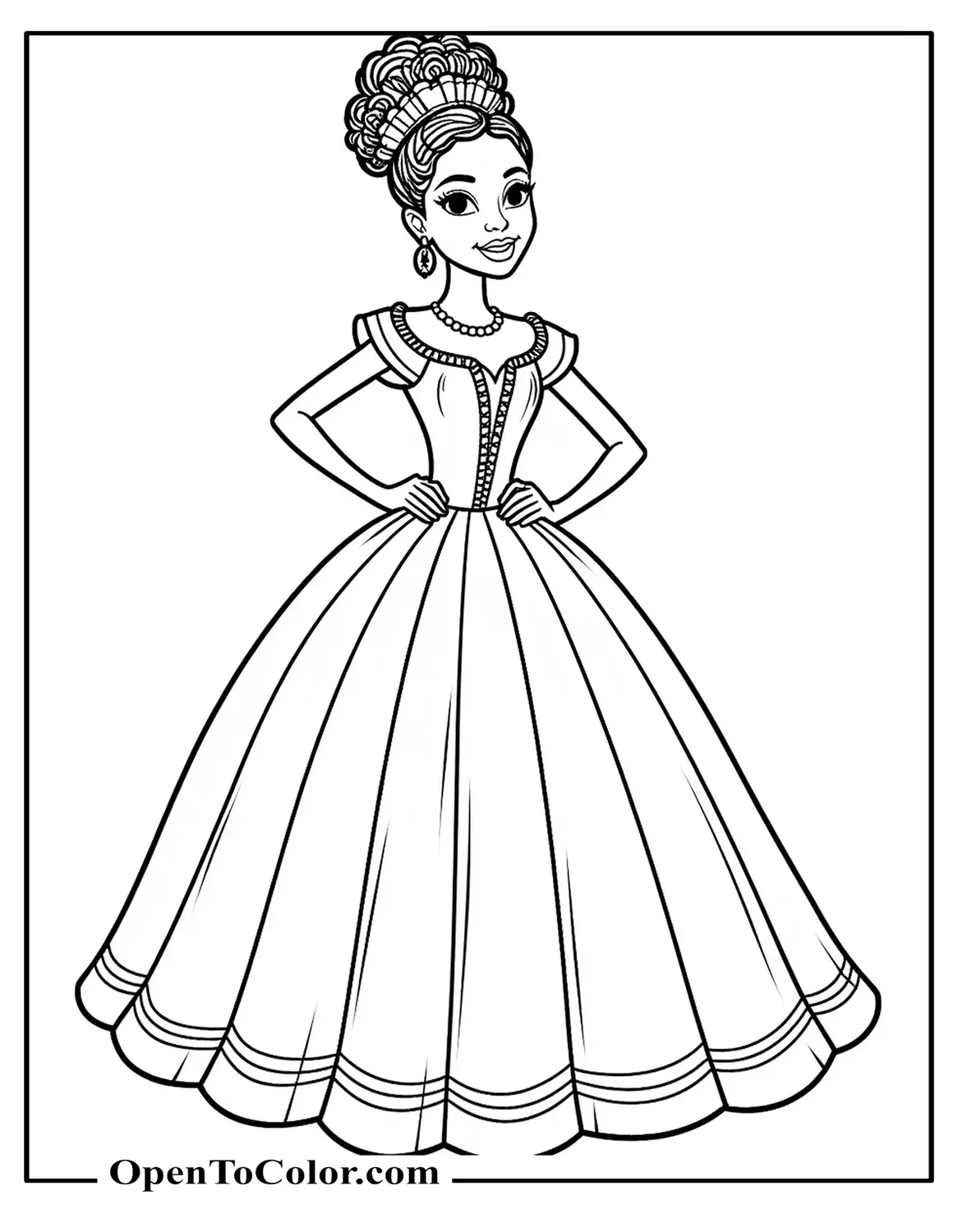 Confident Afro-American Princess Coloring Sheet PDF With Braided Bun, Earrings, And Elegant Golden-Trimmed Dress
