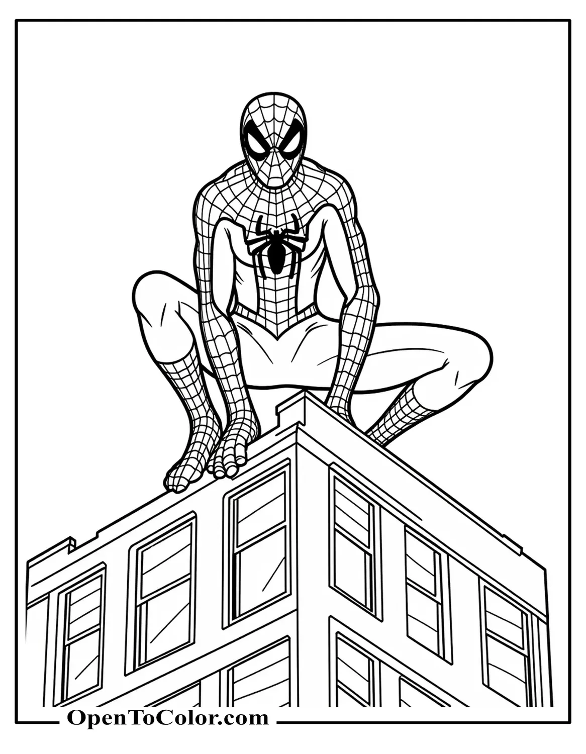 Black Suit Spiderman Perched On Building Coloring Sheet PDF