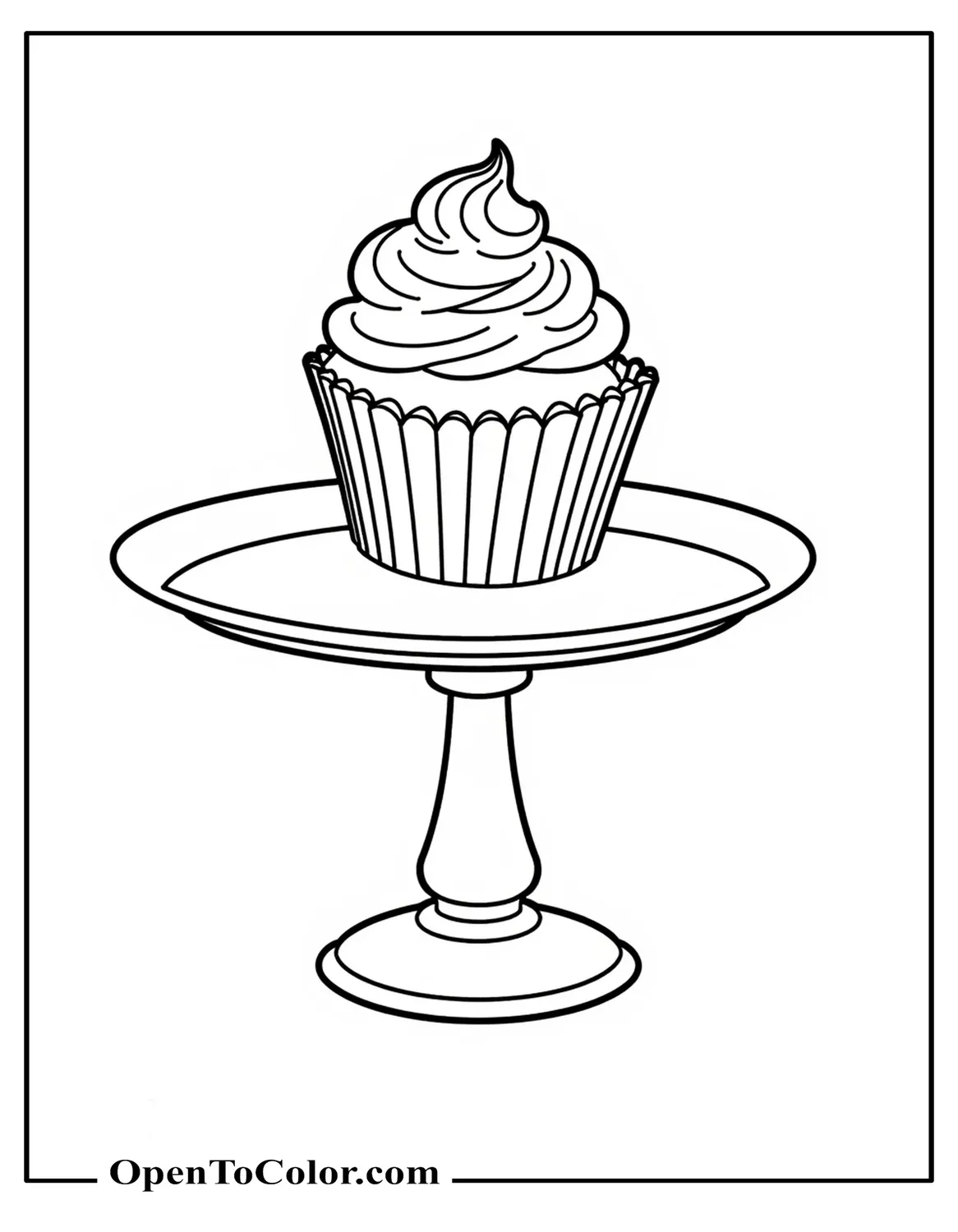 Free Coloring Sheet of an Undecorated Cupcake Outline Resting on an Empty Serving Tray