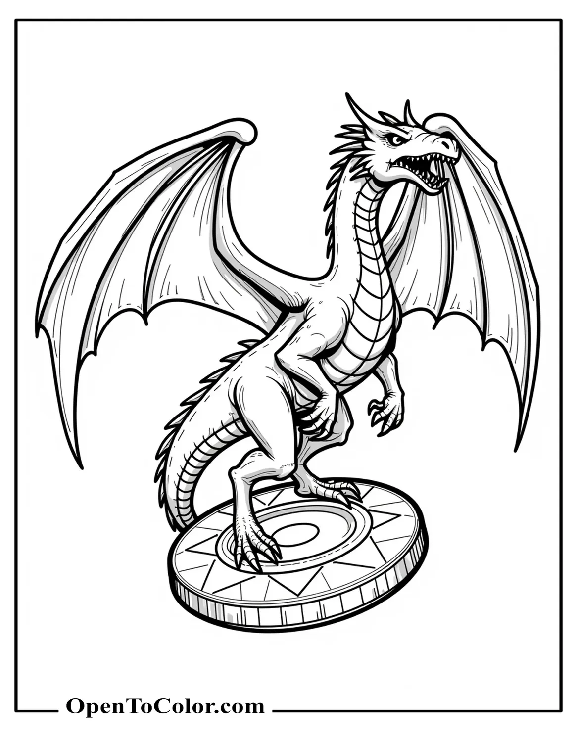 White Yu-Gi-Oh-Style Dragon Rearing Above Yu-Gi-Oh Duel Disk Coloring Page PDF