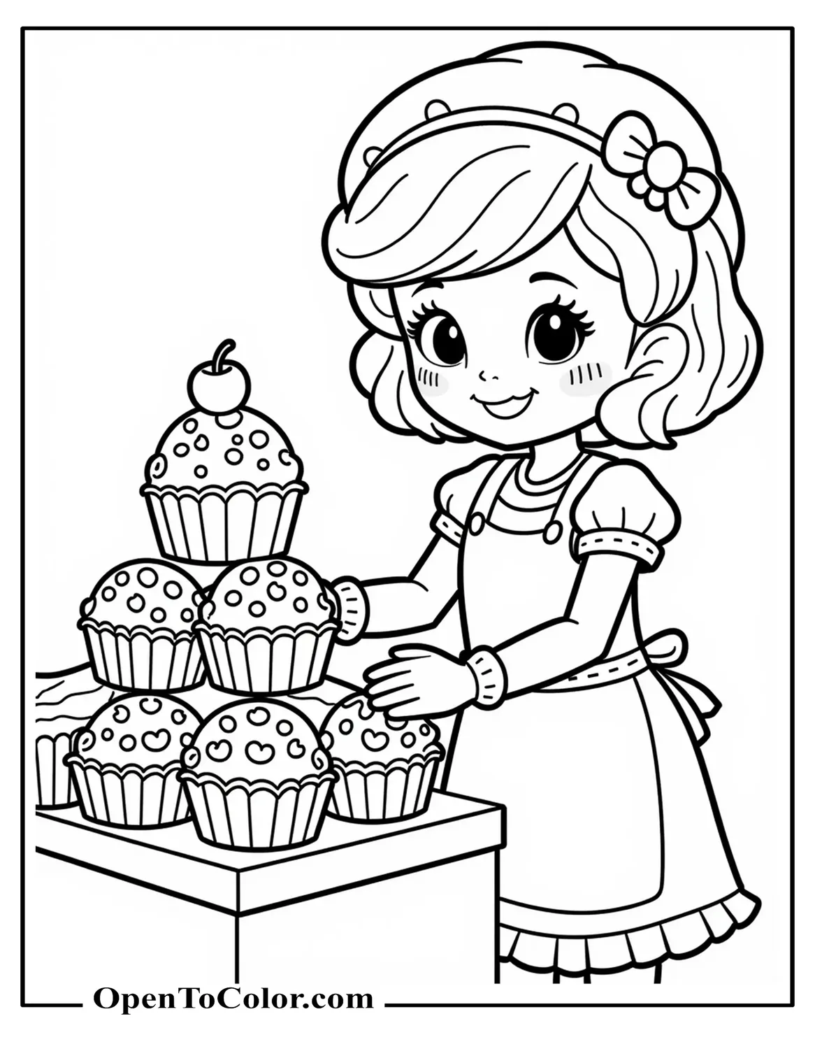 Free Coloring Page of Strawberry Shortcake Stacking Blueberry Muffins on a Bakery Counter