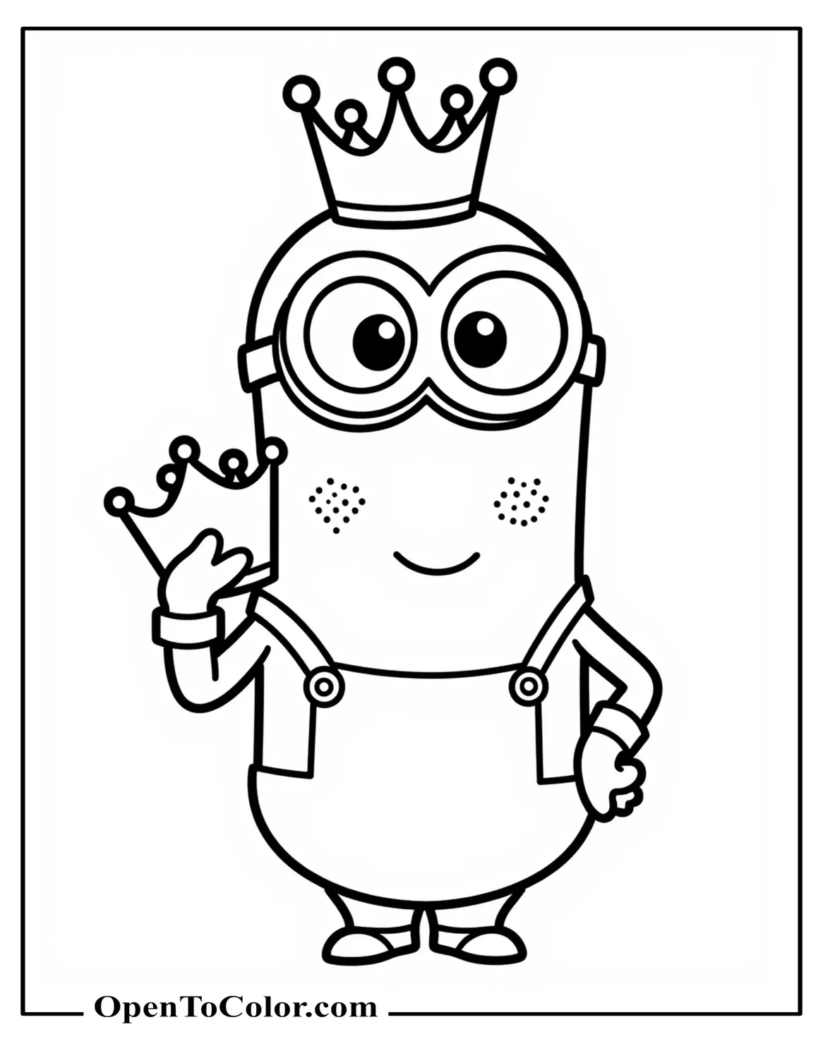 Coloring page PDF of Bob Minion in Kawaii Sanrio style holding tiny crown with blush cheeks.