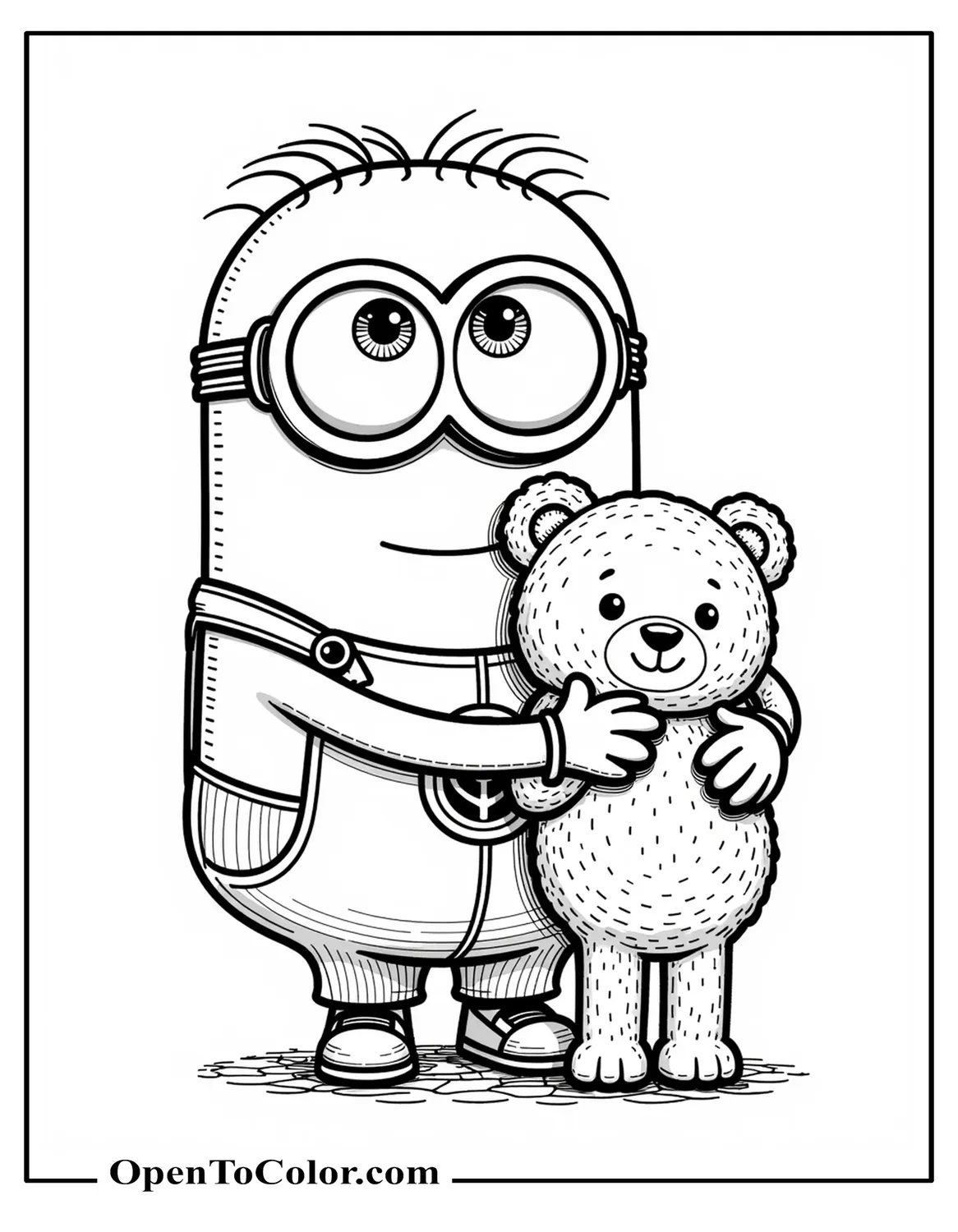 Free Coloring Page: Bob—Short Minion with Two Mismatched Eyes—Hugging Teddy Bear Tim