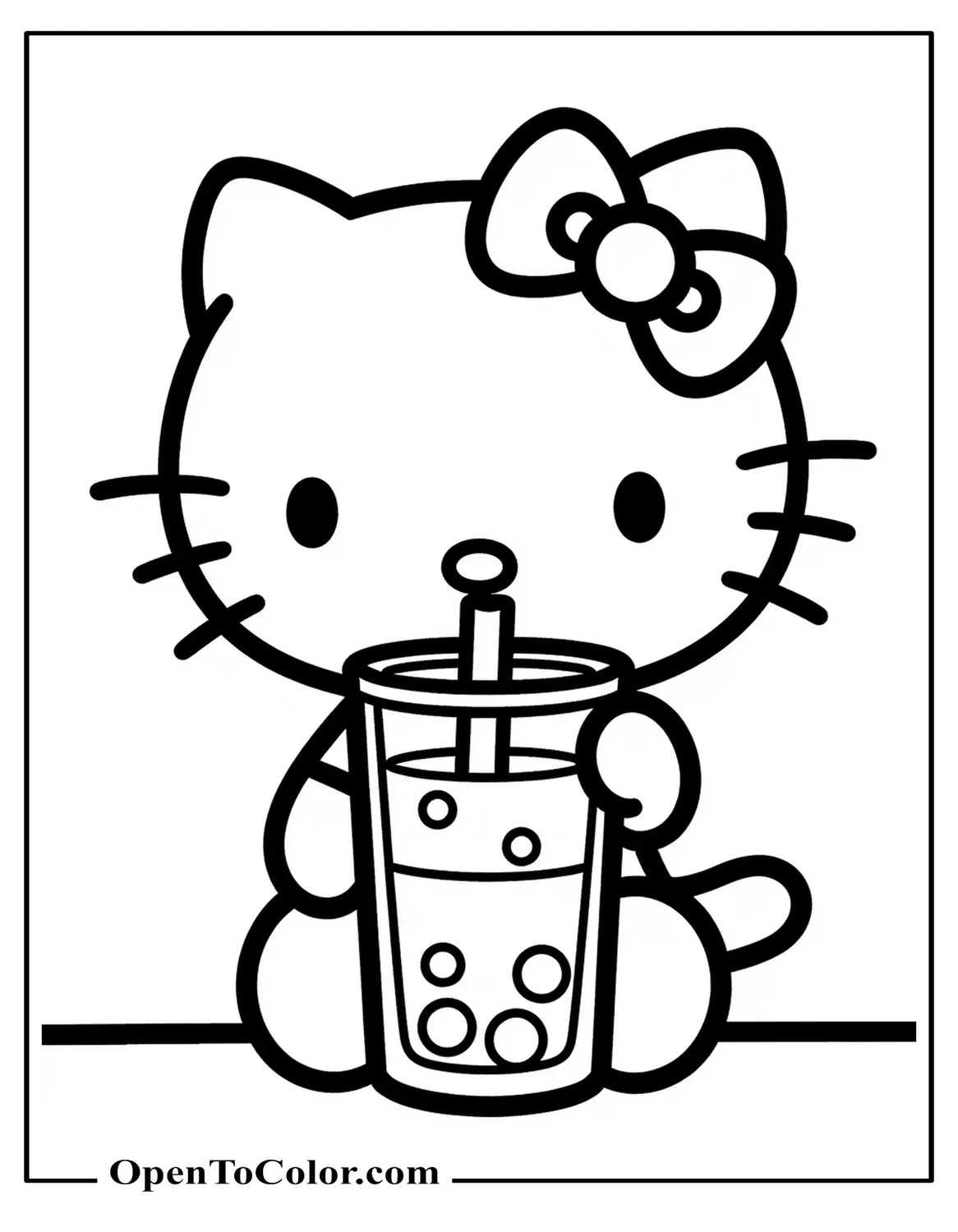 Hello Kitty sipping bubble tea from clear cup with tapioca pearls, trendy café vibe, printable coloring sheet.