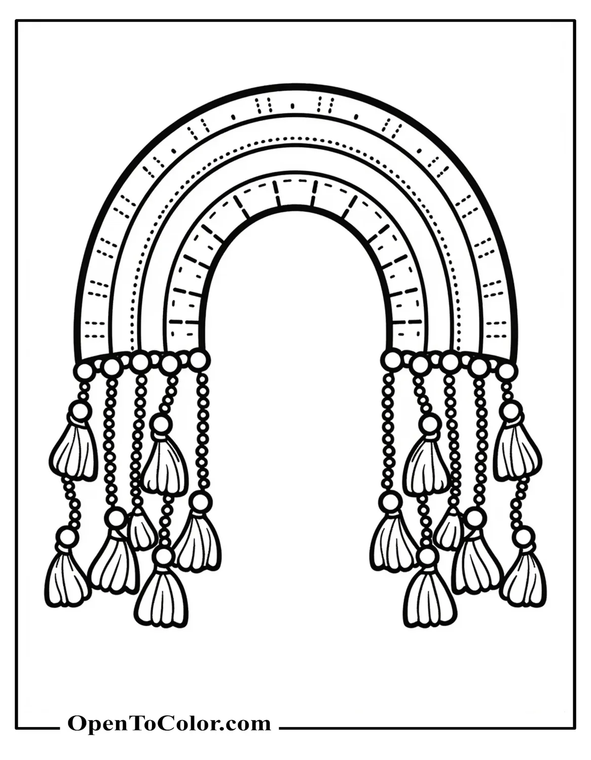 Printable coloring page of a boho style rainbow with tassels at both ends, dangling bead strands.
