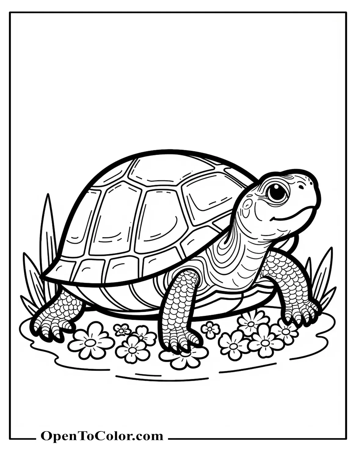 Box turtle tucked into its square shell surrounded by small flowers, coloring sheet PDF.