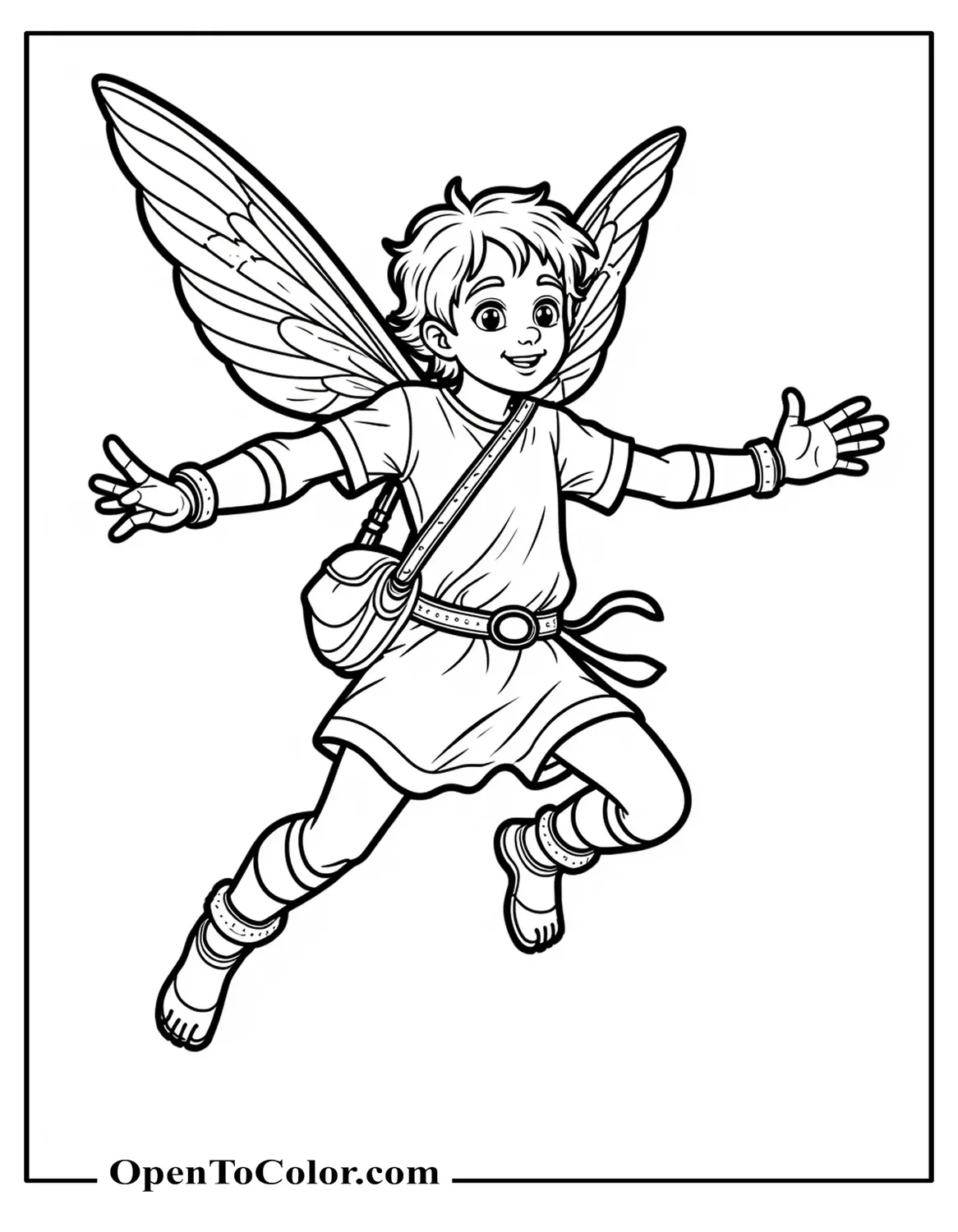 Boy fairy in tunic leaping forward with a sling bag, printable coloring sheet.