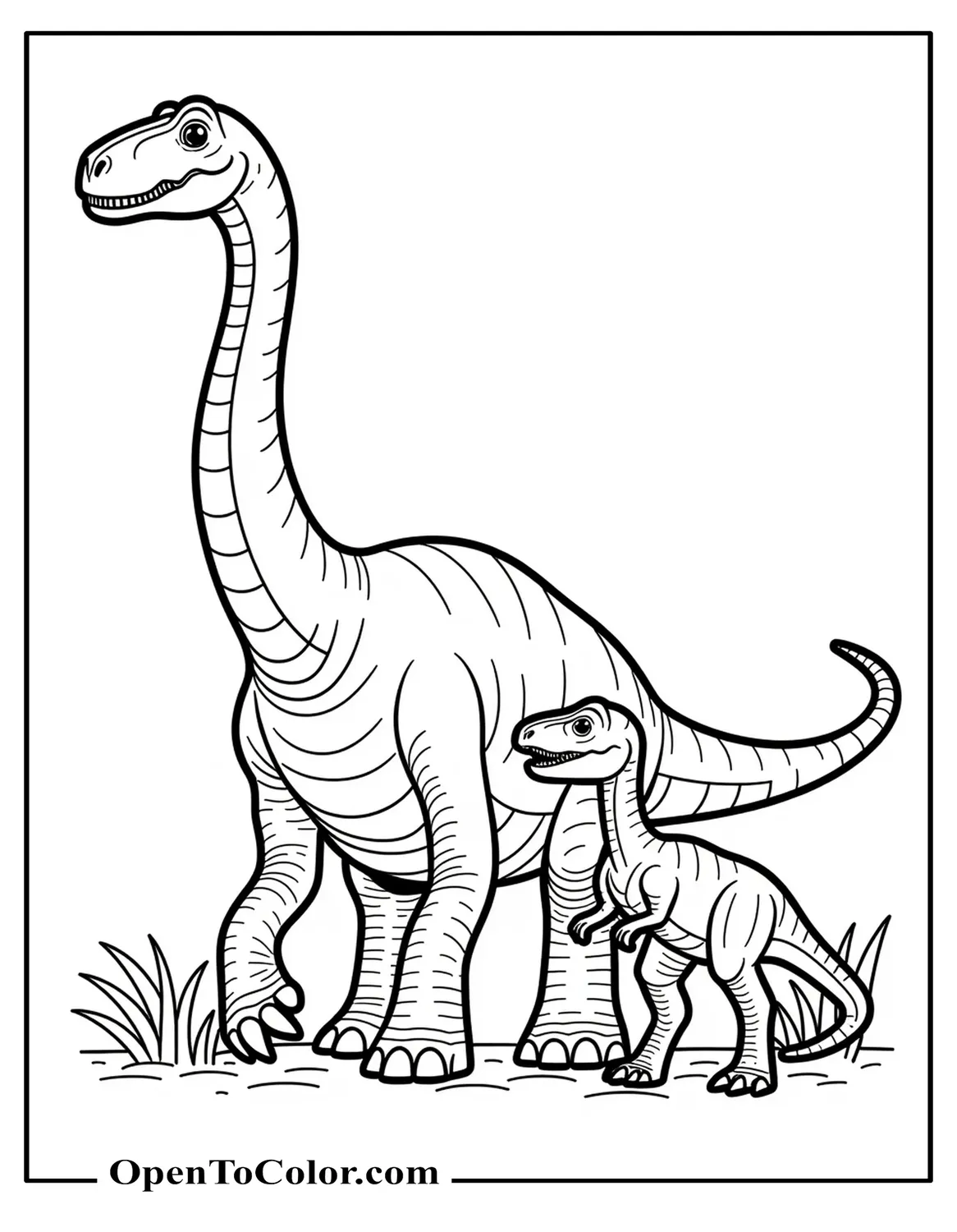 Free coloring page of a Brachiosaurus standing next to a T-Rex.