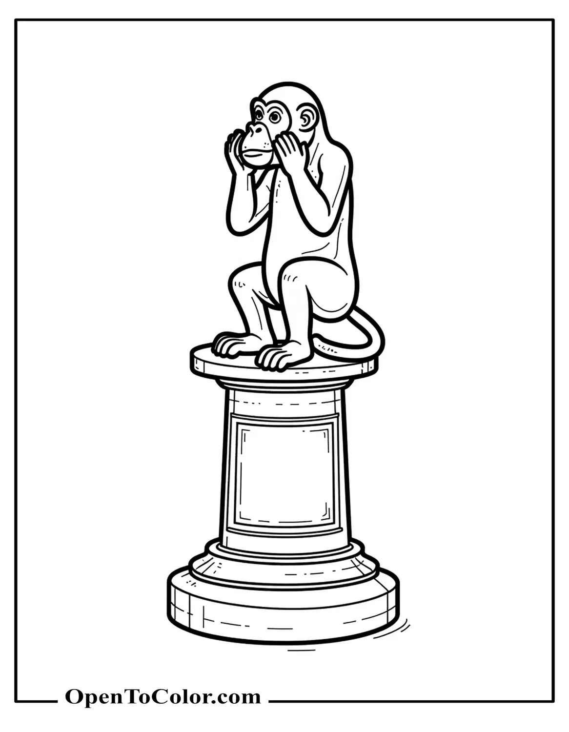Brass Monkey Statue Style Coloring Sheet Printable Standing on Engraved Pedestal
