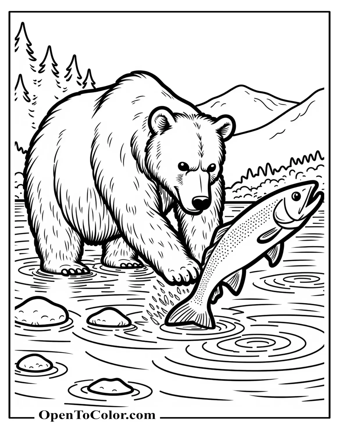 Printable Coloring Page of Semi-Realistic Brown Bear Catching a Leaping Salmon Mid-River