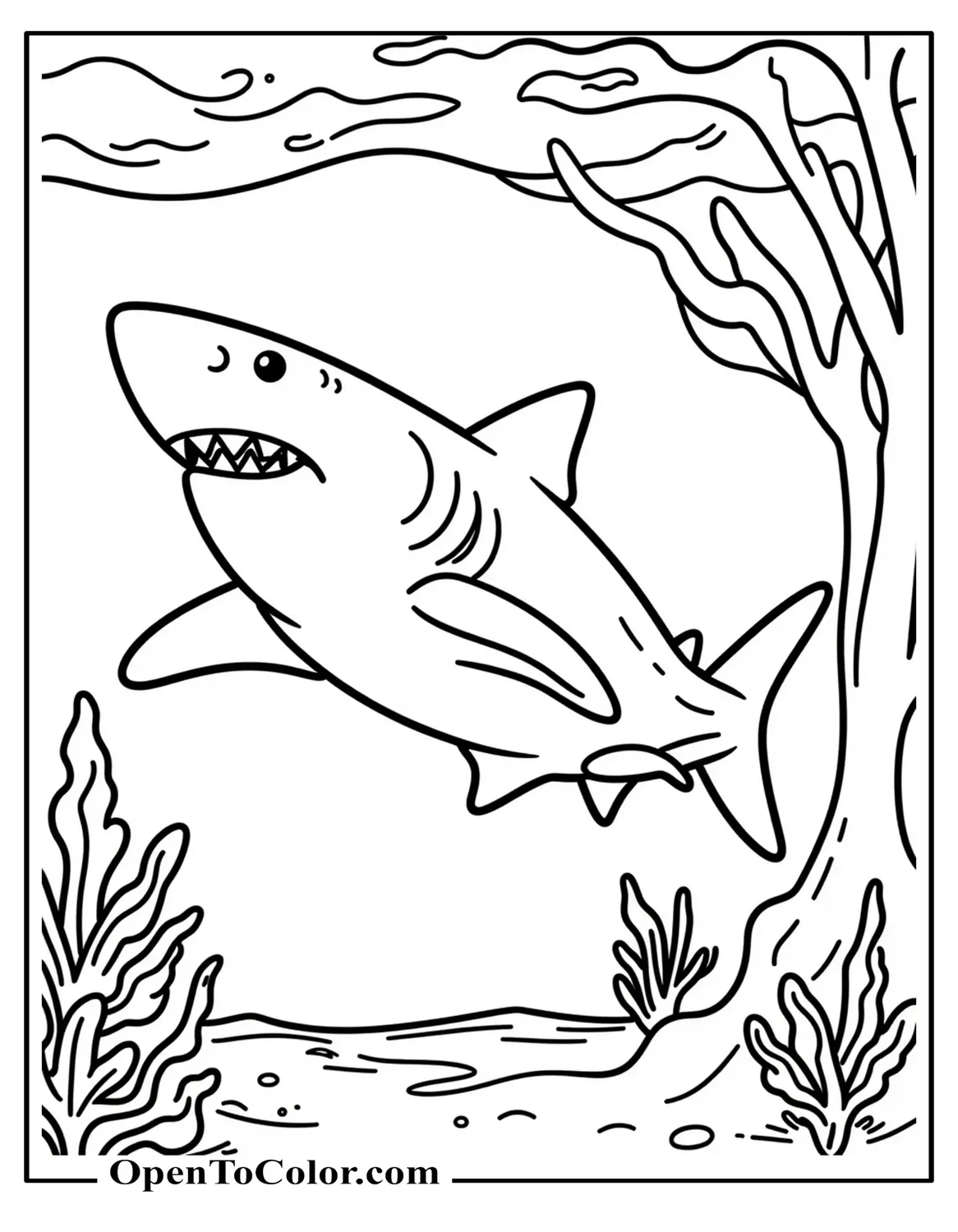 Free Coloring Sheet of Bull Shark Swimming Near Mangrove Roots