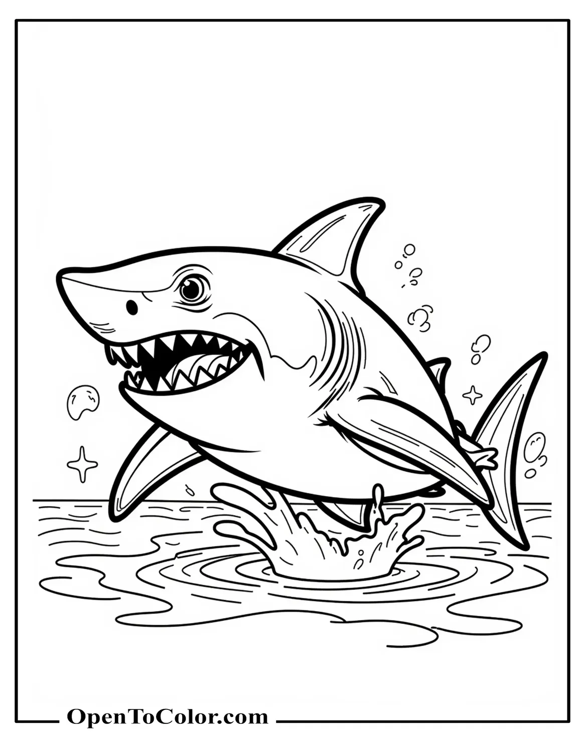 Bull shark coloring sheet charging forward with water splashes PDF.