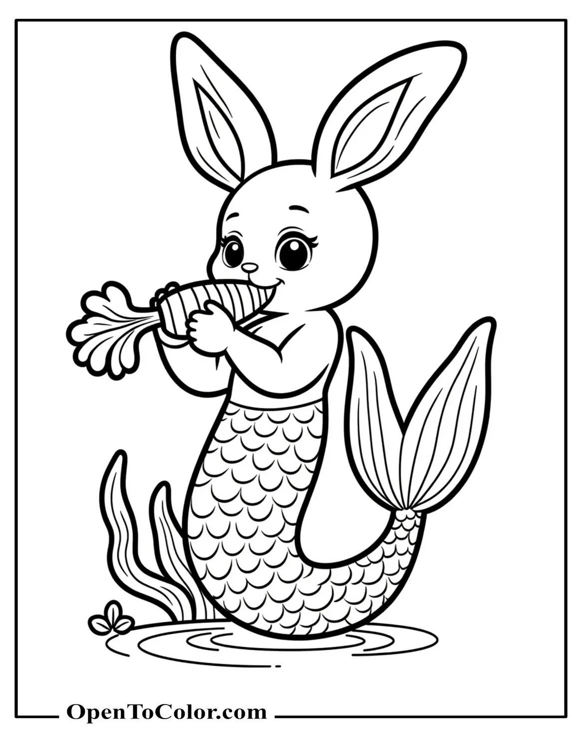 Free Coloring Page of Bunny Mermaid Nibbling Carrot-Shaped Seaweed