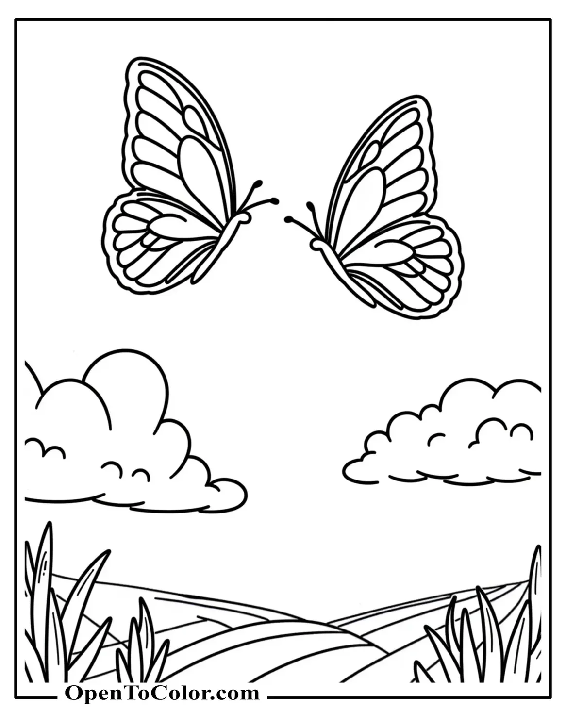 Coloring Sheet PDF: Two Butterflies Gliding Toward Each Other Across an Open Sky