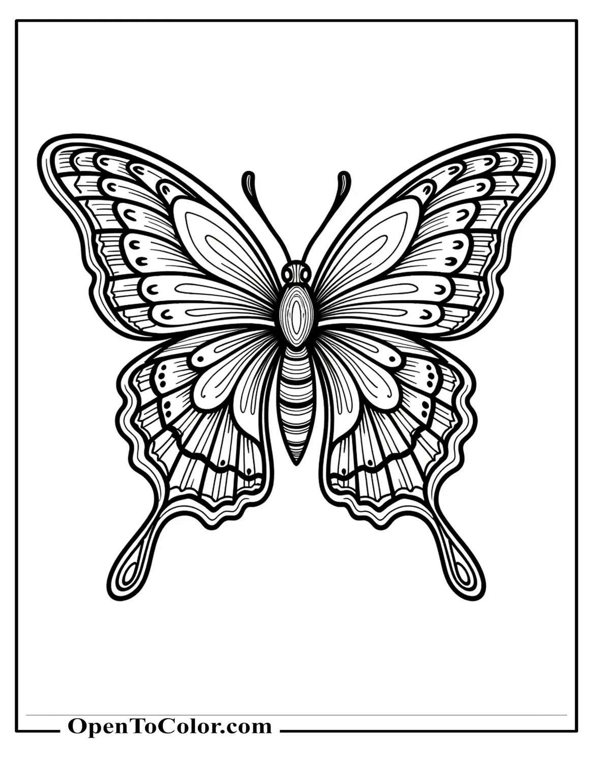 Free Coloring Sheet of a Detailed Butterfly Covered in Intricate Geometric Patterns for Adults