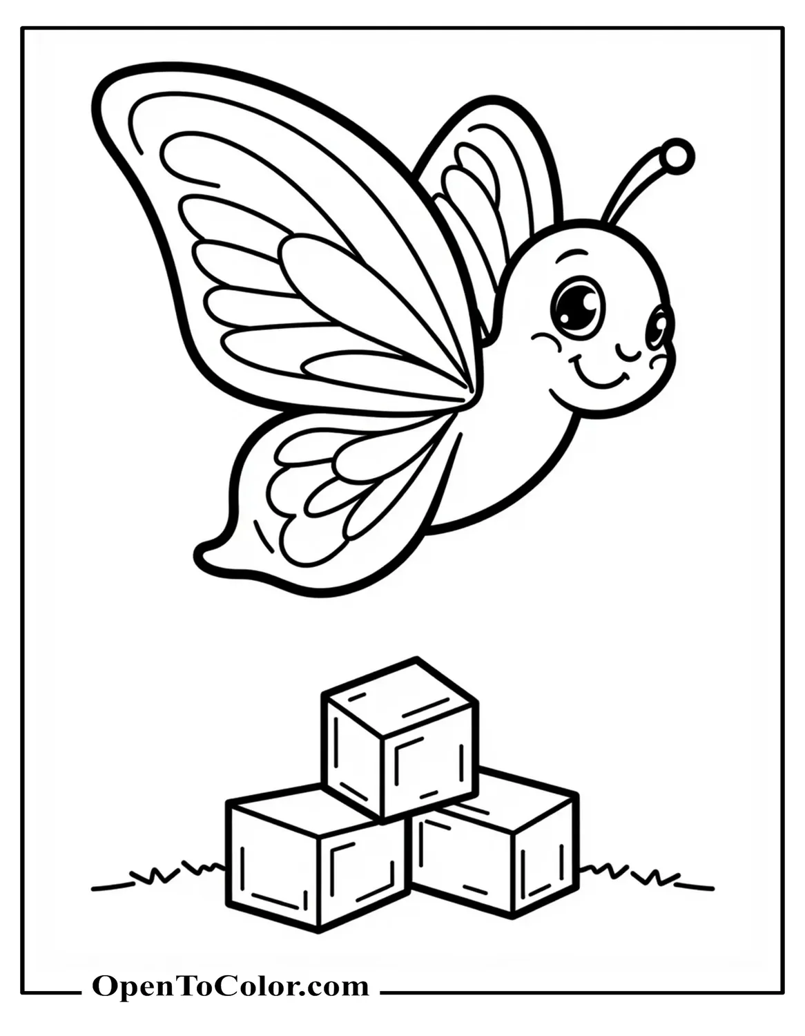 PDF Coloring Page of a Friendly Butterfly Smiling While Hovering Above Building Blocks